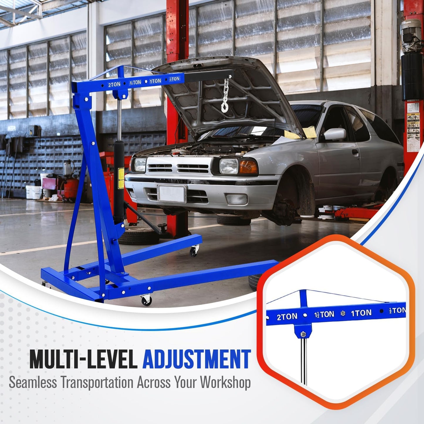 Hydraulic Engine Hoist, 2-Ton Folding Portable Shop Crane Lift, 4400 Lbs Capacity with Telescopic Boom and 6 Casters, Foldable Mobile Cherry Picker for Garage Workshop Warehouse, Blue, Heavy-Duty