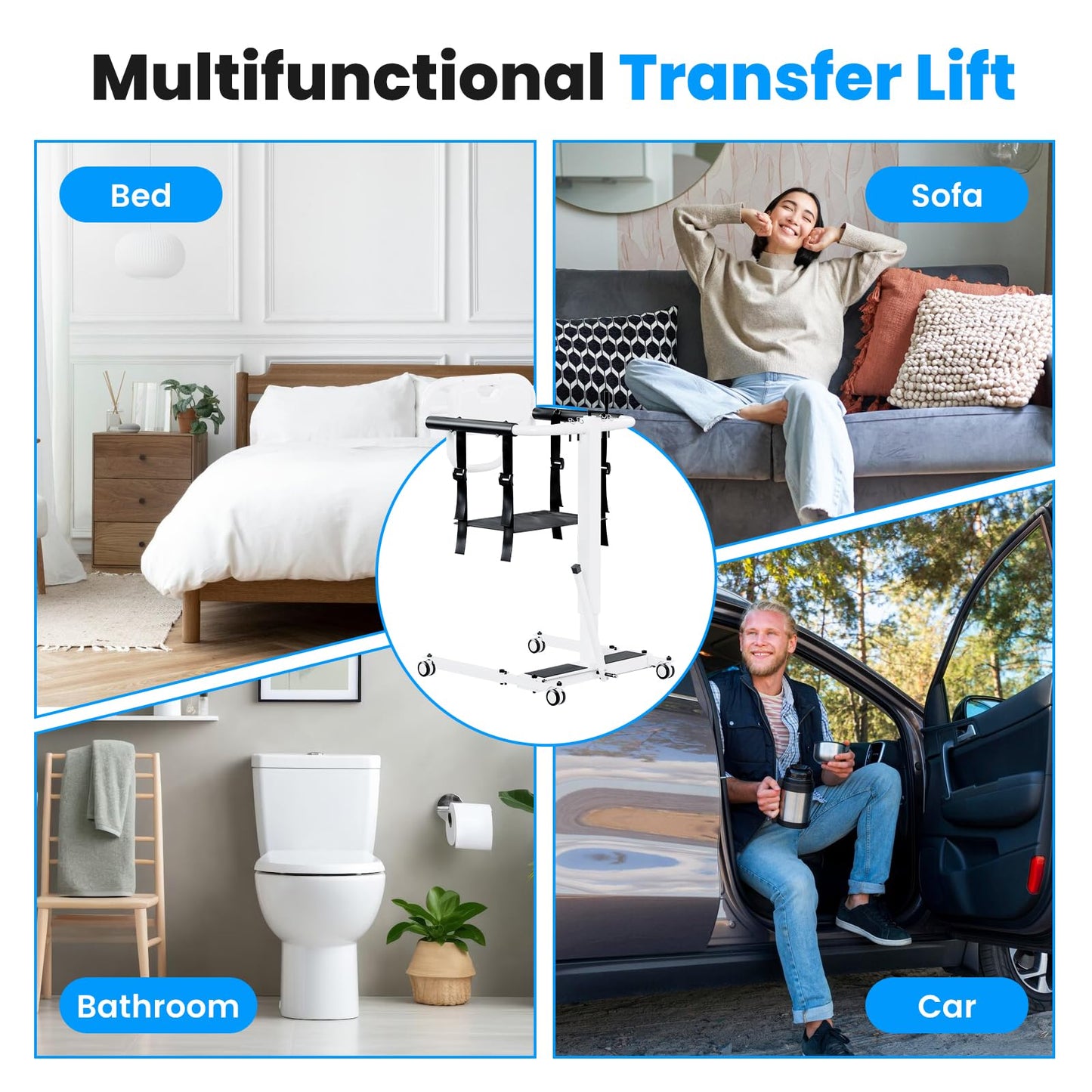 Portable Patient Lift Chair, Transfer Chair for Elderly & Disabled, Folding Wheelchair Lift for Home, Bathroom & Car Transfers, 3 Seat Cushions Included, 287lbs Capacity