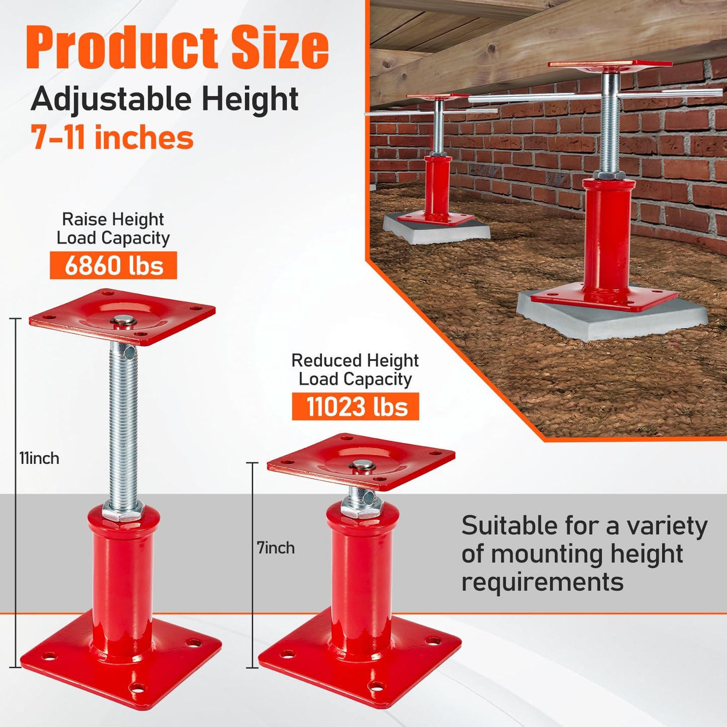 4 Pack House Jacks for Leveling Crawlspace, 7" - 11" Height Range, 11023 lbs Max Load Capacity, House Floor Jacks Post Pole for Leveling