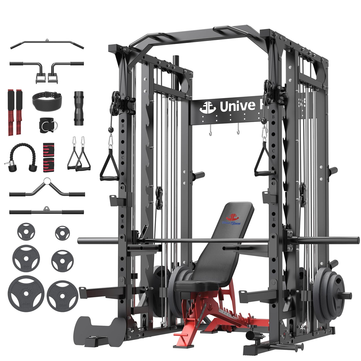 Unive Fitness F4 Smith Machine, All-in-One Squat Rack for Home Gym and Dual Cable Training System, Full-Body Workout Machine for Garage Gym or Bedroom (BK F4SM+RD WB+265lb WP)