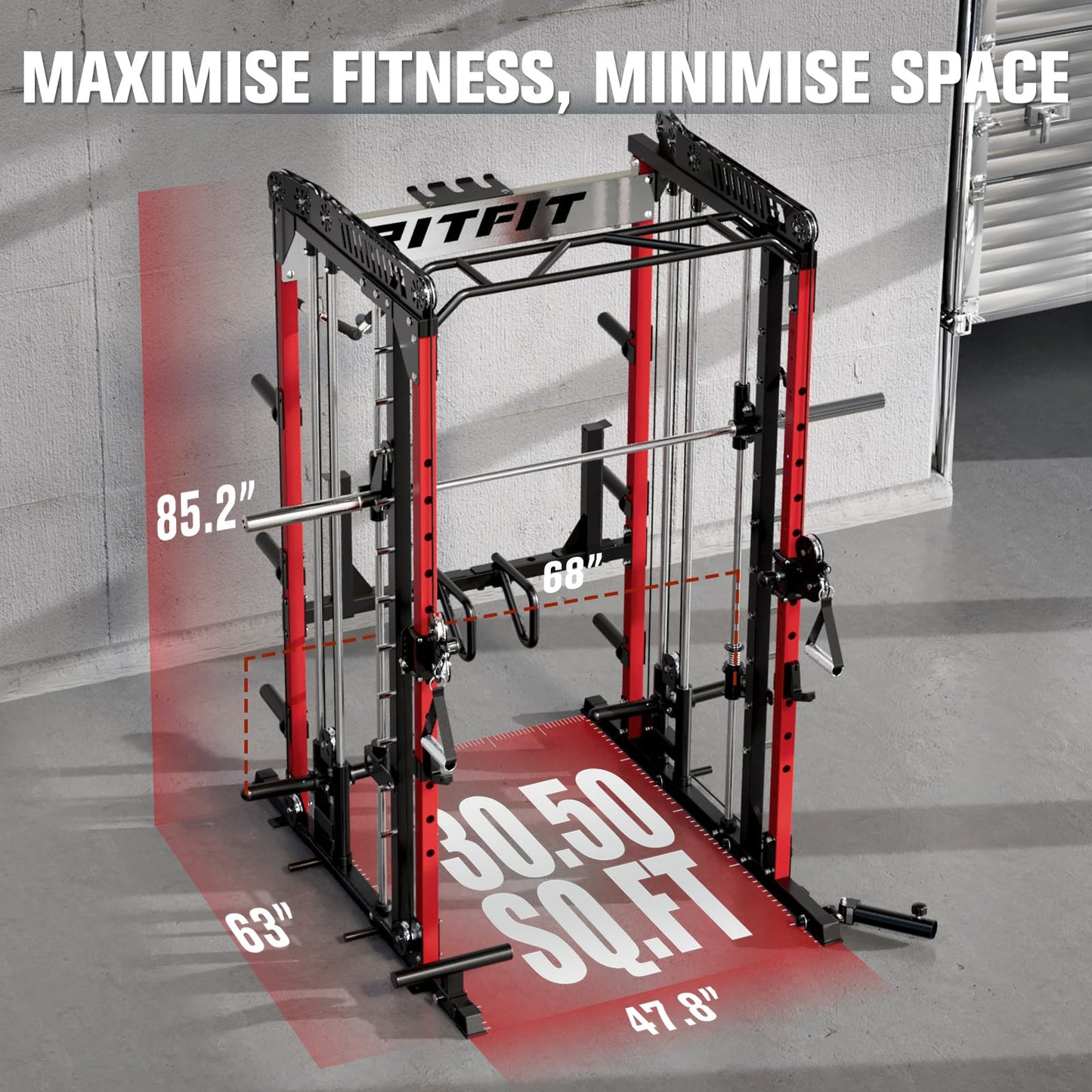 RitFit M1 Pro Smith Machine with LAM1 Adjustable Lever Arm Attachment, All-in-One Power Cage, Power Rack with LAT Pulldown & Cable Crossover System for Home Gym(Red,BP230)