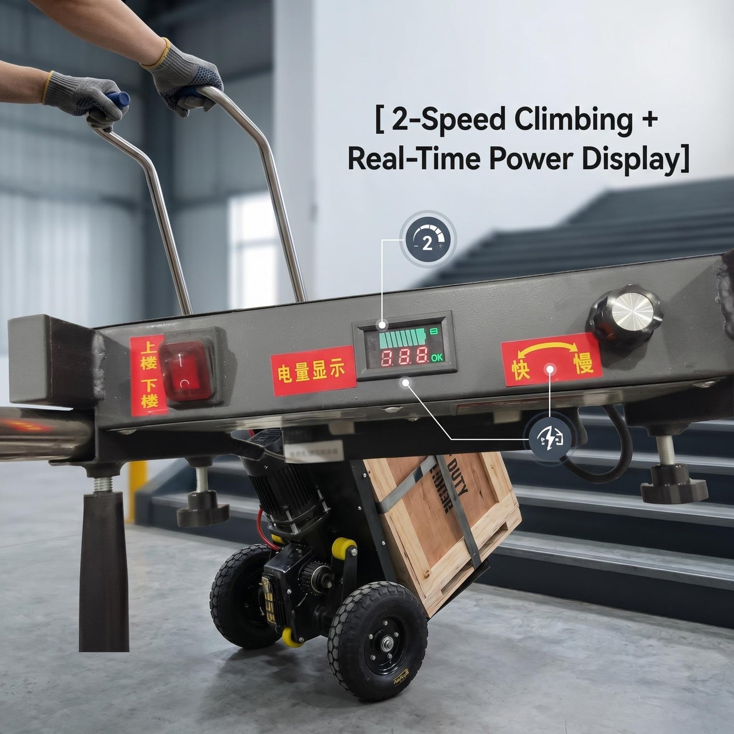 Large Load Capacity Electric Stair Climbing Cart, Electric Stair Climbing Machine for Construction, Electric Hand-Pushed Stair Climbing Vehicle with Lithium Battery