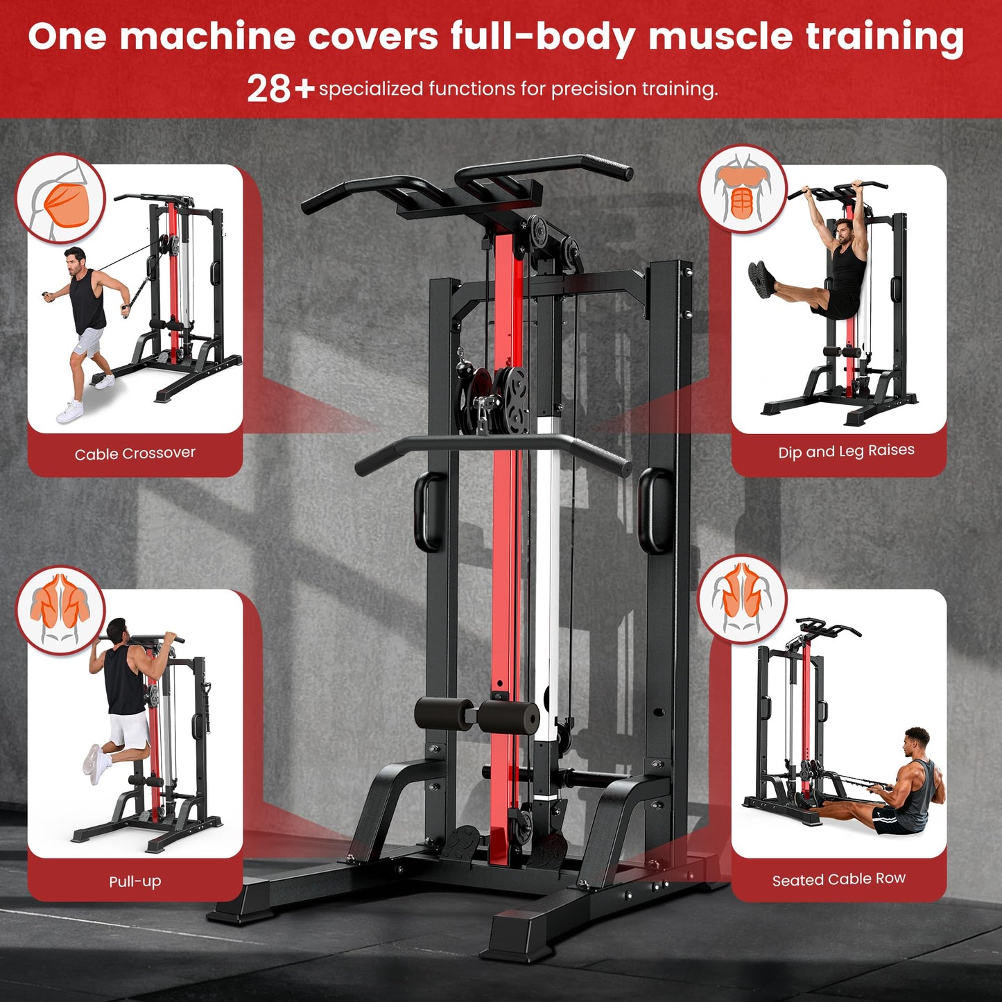 pooboo 450LBS All-in-One Home Gym Functional Trainer with LAT Pulldown System, Power Cage & Cable Crossover Machine, Squat Rack with Dual Pulley System and Dip Bars