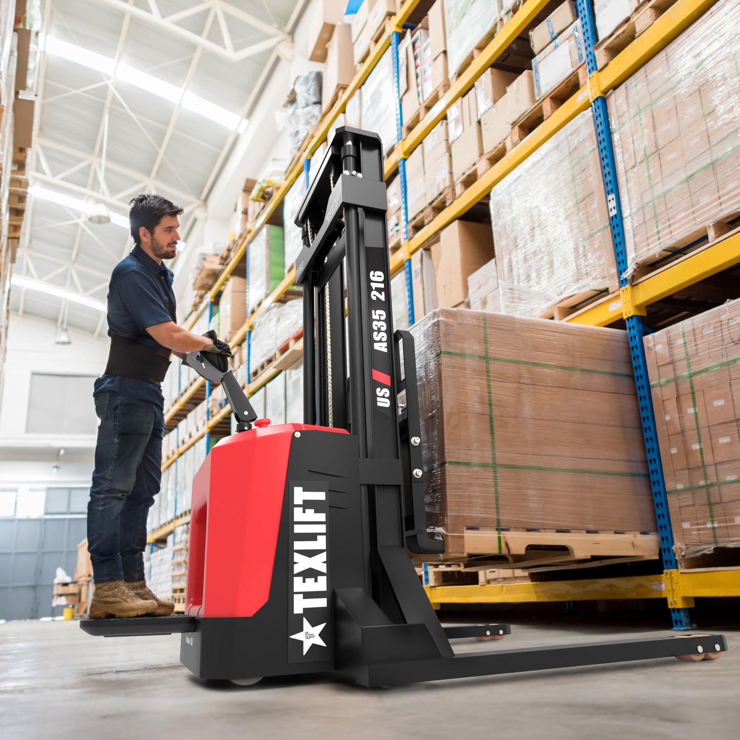 TEXLIFT Full Electric Pallet Stacker with Stand – 3300 lbs Capacity, 216″ Lift Height, Adjustable Forks, Fixed Straddle Legs, Walkie Electric Forklift for Warehouse Material Handling - (US-AS35-216)