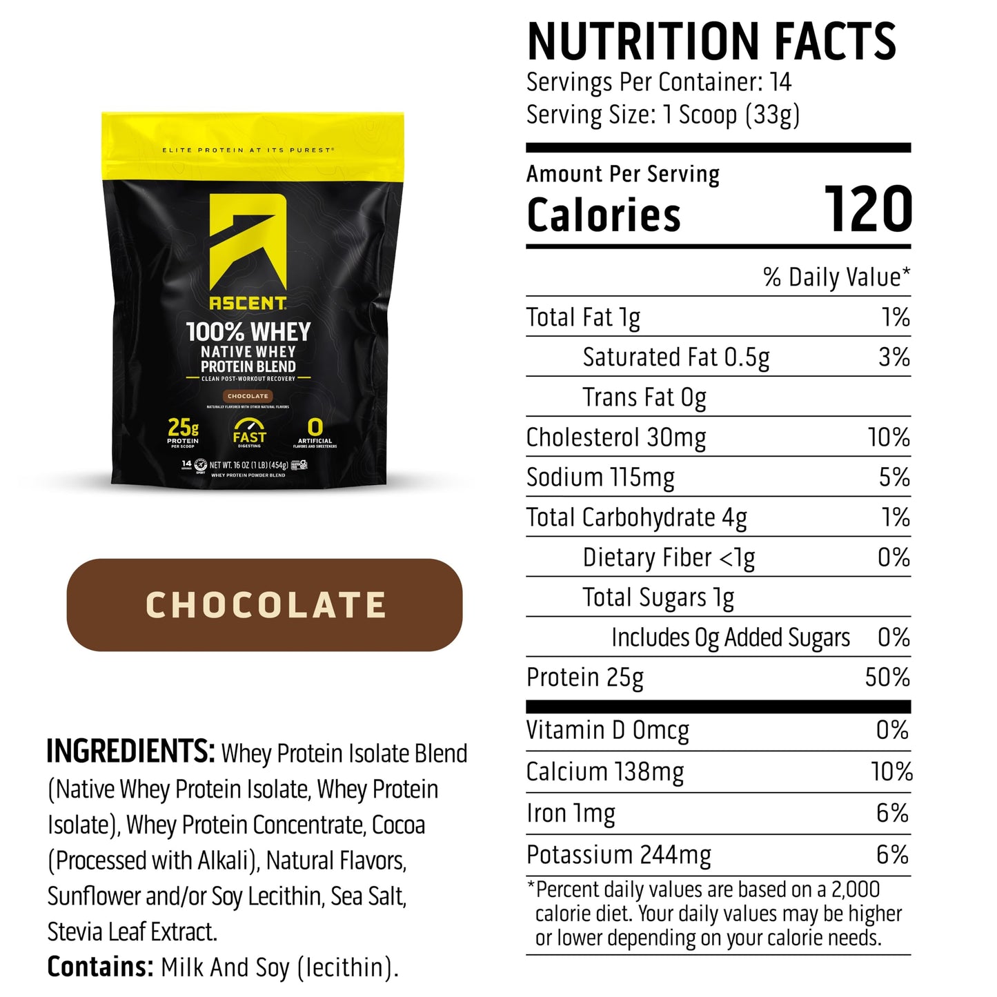 Ascent 100% Whey Protein Powder - Post Workout Whey Protein Isolate, Zero Artificial Flavors & Sweeteners, Gluten Free, 5.5g BCAA, 2.6g Leucine, Essential Amino Acids, Chocolate 1 lb