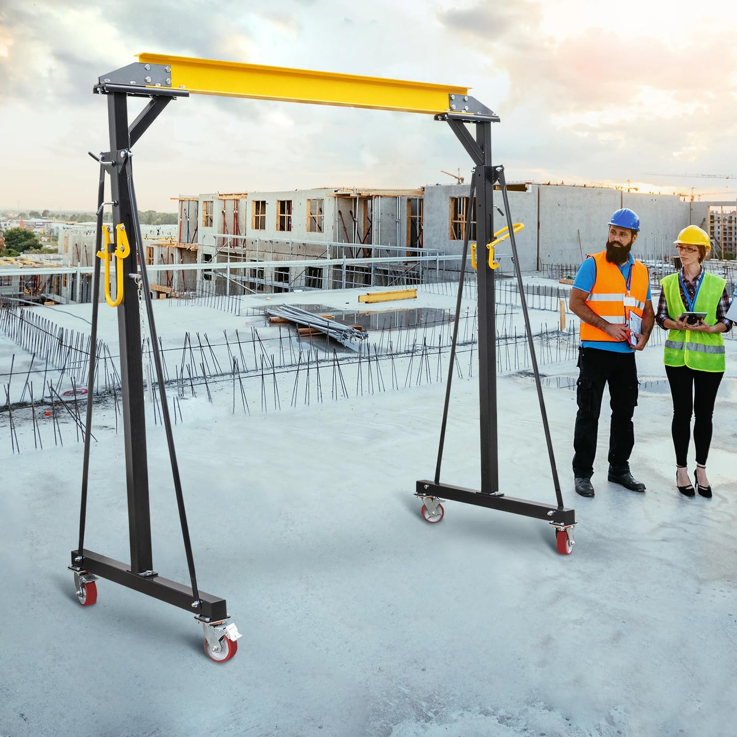 Adjustable Gantry Crane – 1 Ton (2200 lbs) Capacity – Height from 97" to 141" – Heavy Duty Steel Hoist – Portable for Shops, Factories, Warehouses, Car Repair