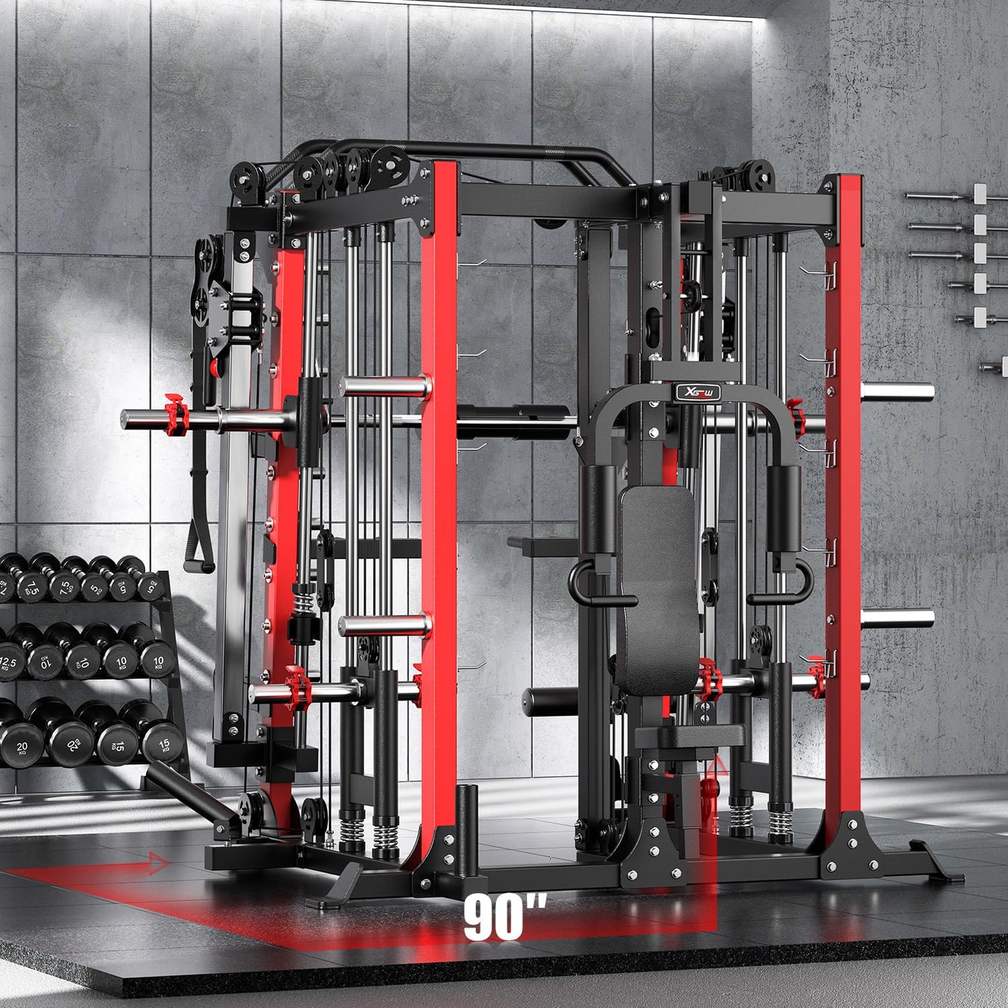 Smith Machine，Multi-Function Squat Rack Power Cage with Cable Crossover System,with Optional Weight Bench, Olympic Barbell Weight Set, for Home Gym (red, L07-Power Cage Only)