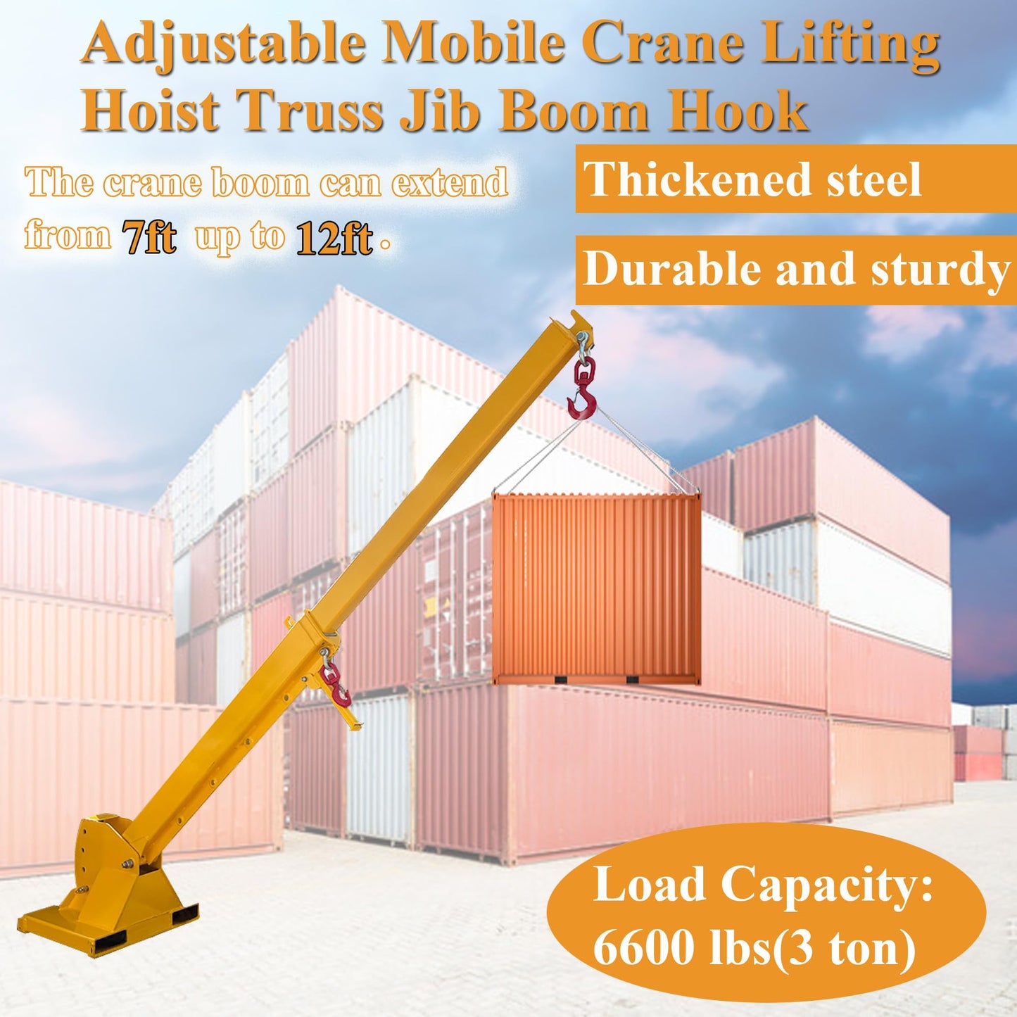 HQHAOTWU Forklift Jib Boom Crane 6600lbs Capacity Telescoping Mobile Crane Industrial 0-75 Degrees Tilting Lifting Hoist Truss Jib Boom with 2 Hooks Manual Telescopic 7-12ft for Warehouse & Factories