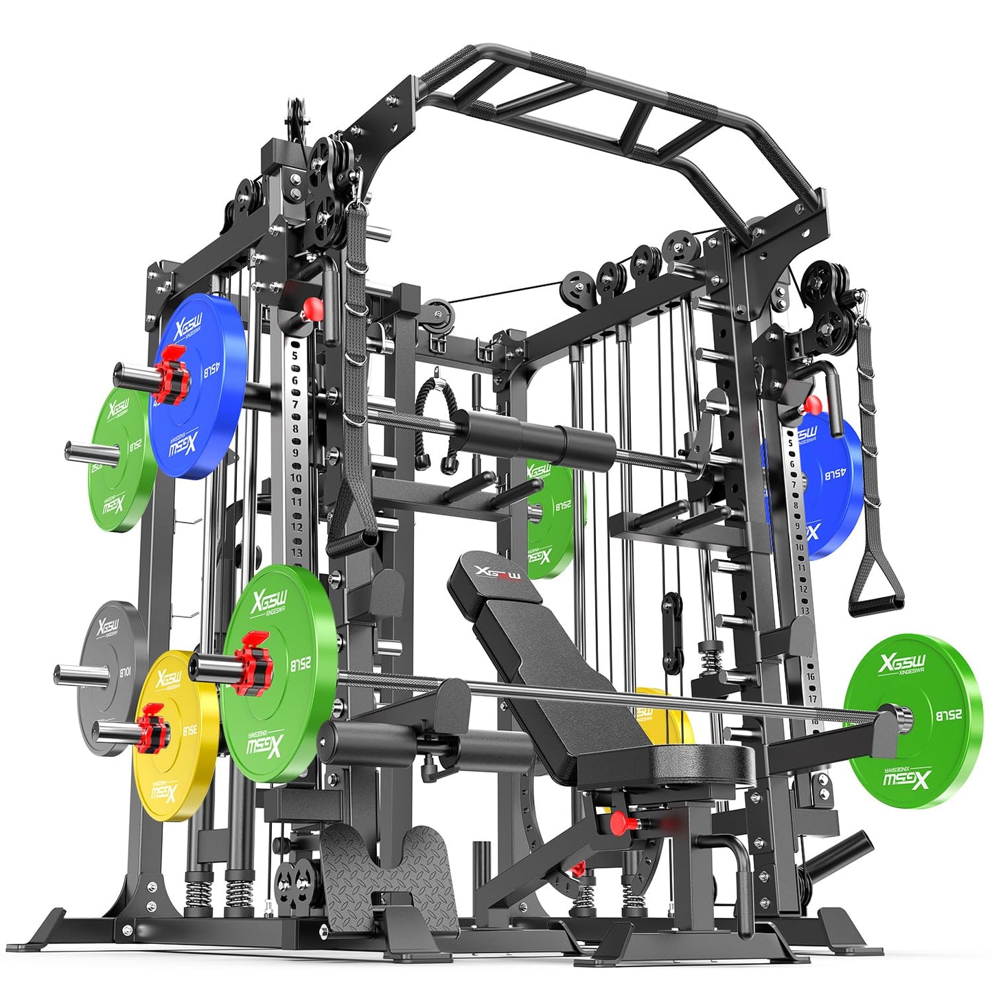 Smith Machine，Multi-Function Squat Rack Power Cage with Cable Crossover System,with Optional Weight Bench, Olympic Barbell Weight Set, for Home Gym (Black, L05-Package(（Pole+Color BP） 403LBS)
