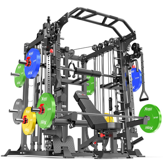 Smith Machine，Multi-Function Squat Rack Power Cage with Cable Crossover System,with Optional Weight Bench, Olympic Barbell Weight Set, for Home Gym (Black, L05-Package(（Pole+Color BP） 403LBS)