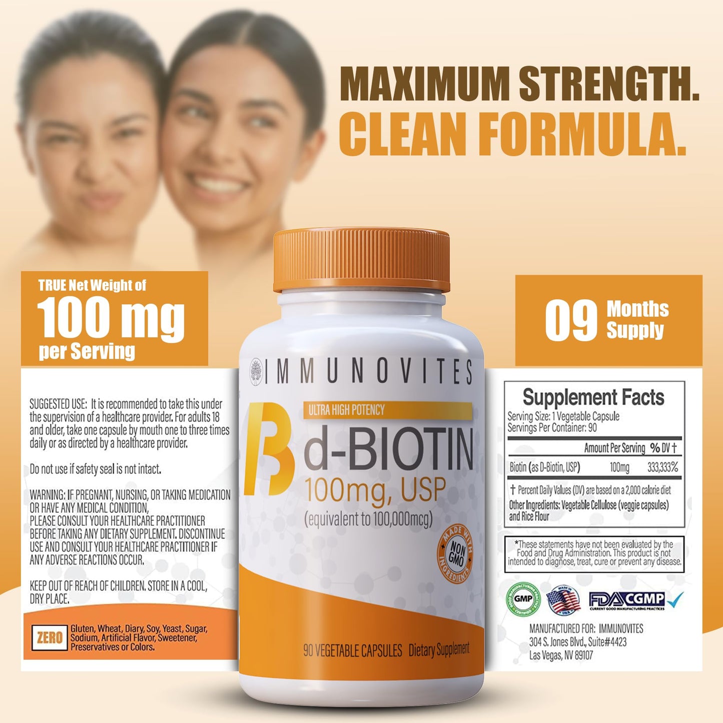 IMMUNOVITES 3-Pack High Dose Biotin (as d-Biotin, USP) 100mg (Equivalent to 100,000mcg) 90 Capsules, High Potency (3)