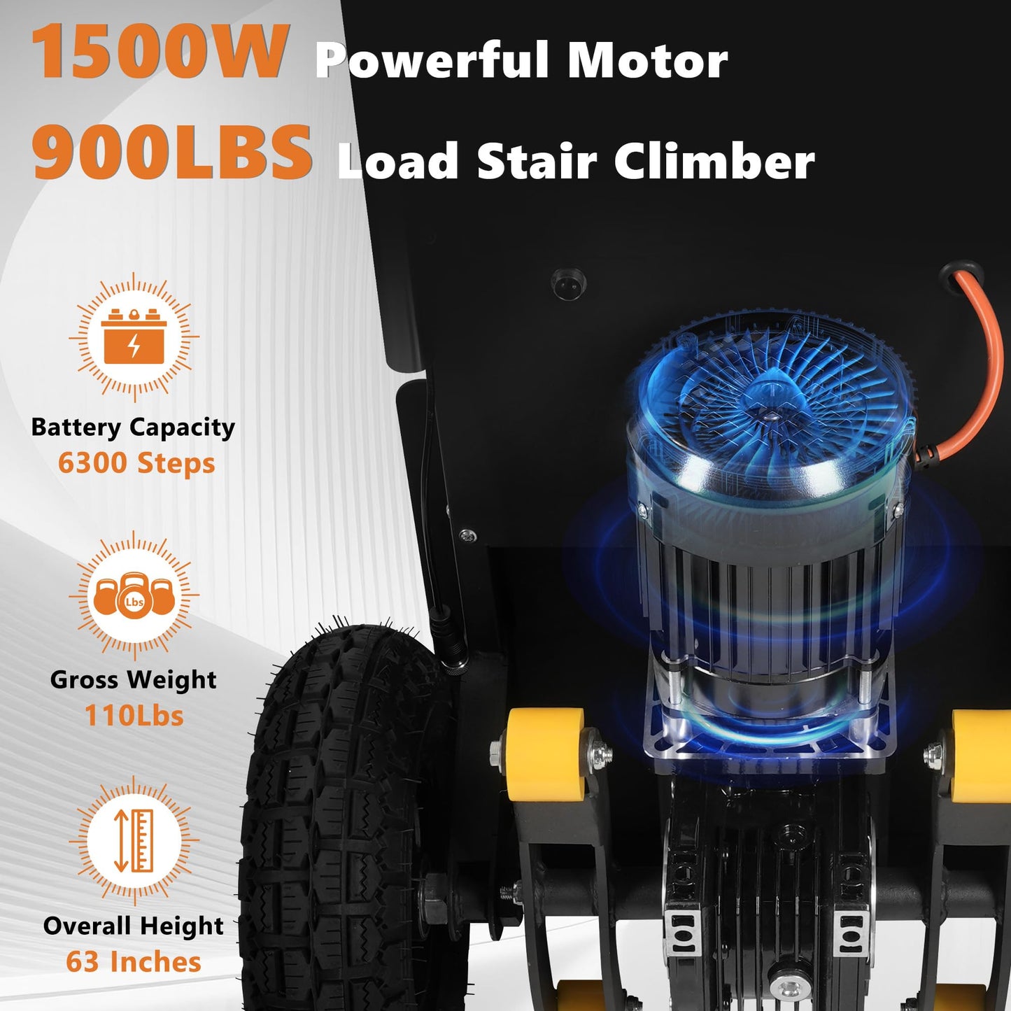Electric Stair Climbing Dolly 1500W Heavy Duty Powered Stair Climber Hand Truck with 10" Anti-Slip Tires, Powered Stair Climbing Cart for Appliances, Furniture & Warehouse Moving (900 lbs Capacity)