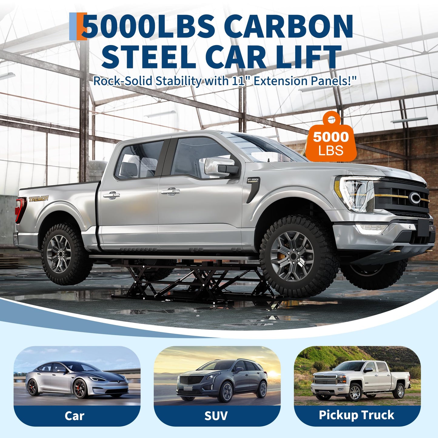 GarveeTech Portable Car Lift 5000LBS, Heavy-Duty Carbon Steel Auto Lift Jack for Garage & Shop, Adjustable Height 5.67"-26.8", with Extension Plates & Safety Locks, Fits Trucks, SUVs, Sedans