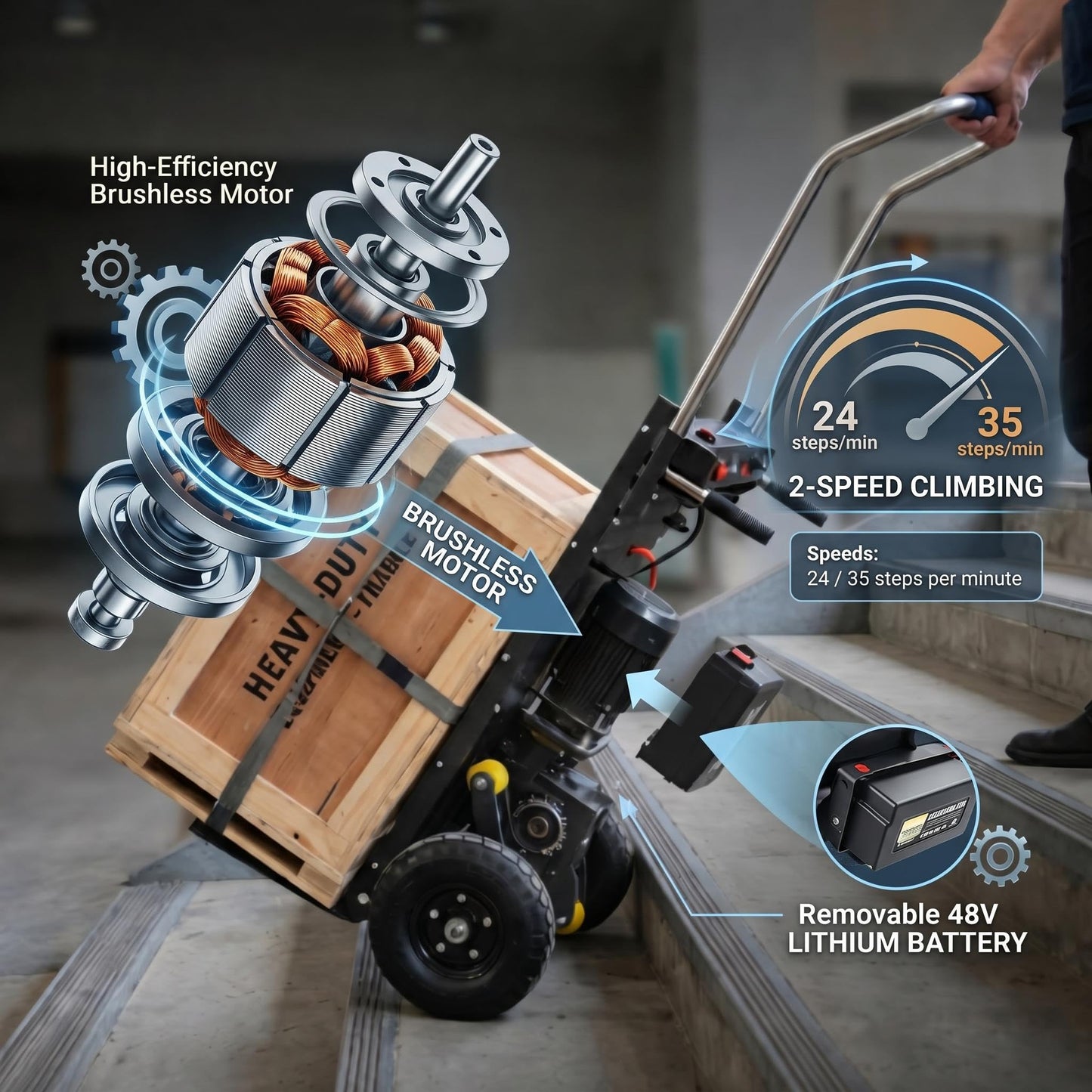 Electric Hand Truck with 2500W Motor, Electric Stair Climber 1600 lbs Heavy Duty, Foldable Powered Dolly with Anti-Slip Wheels & Safety Brake for Stairs & Delivery (Black)