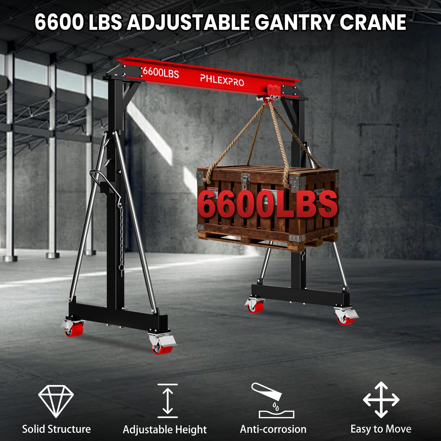3 Ton Gantry Crane, 6600LBS Capacity, Adjustable Height 8.53 to 12.47ft with Triangle Base, Portable I-Beam Hoist for Factory, Warehouse, Auto Repair & Construction, Red