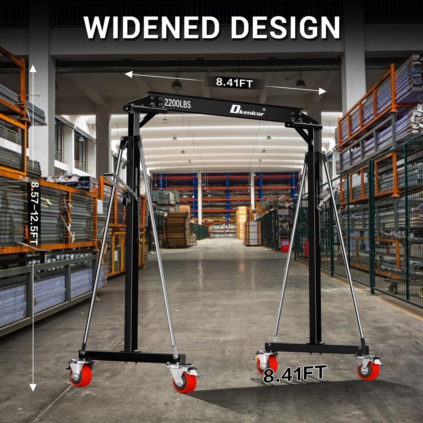 Dkenicor Adjustable Gantry Crane, Max 3000Lbs Adjustable Height 8.57 to 12.14ft, Steel I-Beam Construction Portable Shop Hoist for Factories, Warehouses, Auto Repair, Construction Site, Black