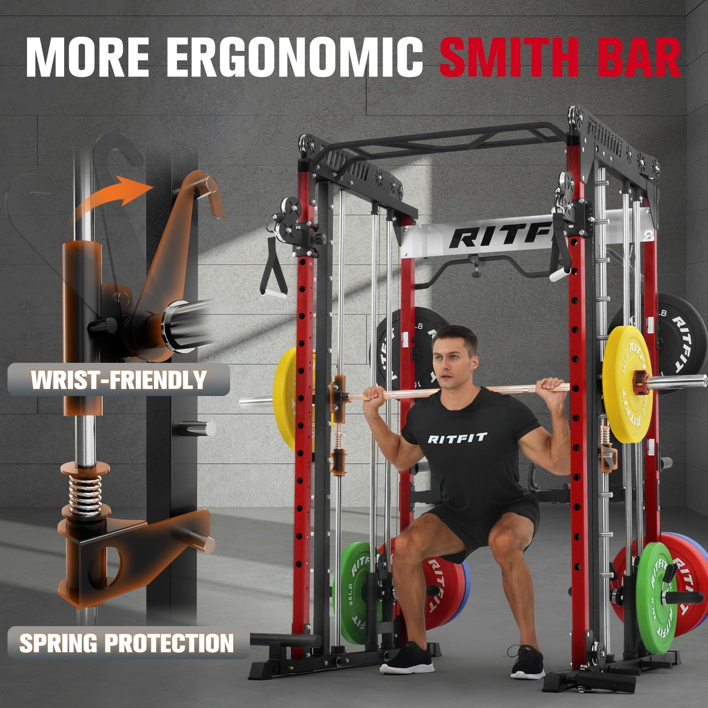 RitFit M1 Pro Smith Machine with LAM1 Adjustable Lever Arm Attachment, All-in-One Power Cage, Power Rack with LAT Pulldown & Cable Crossover System for Home Gym(Red,BP230)