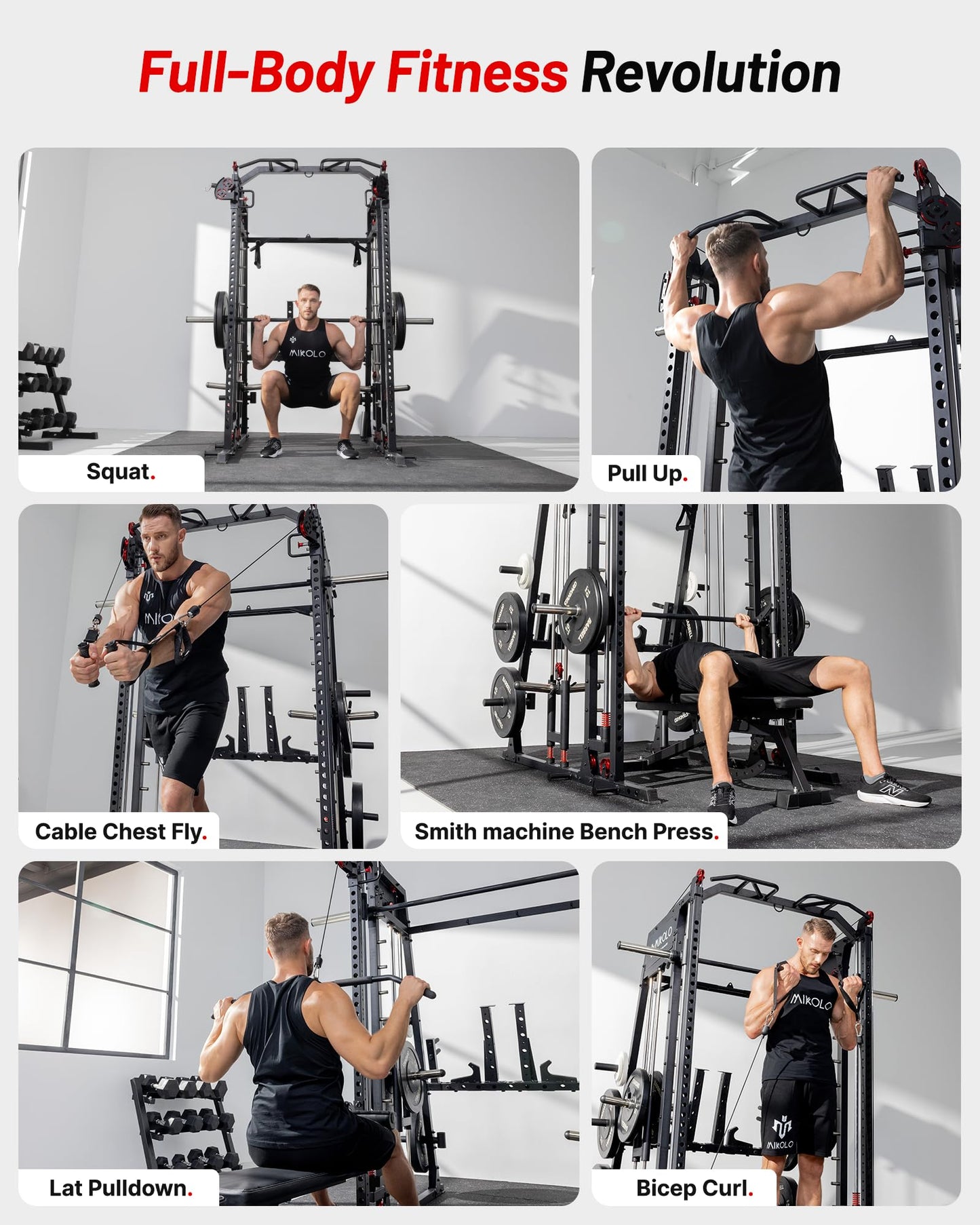 Mikolo M4 2.0 Standard Smith Machine, Multi-Functions Squat Rack with LAT-Pull Down System & Cable Crossover Machine, Training Equipment with Leg Hold-Down Attachment, Red