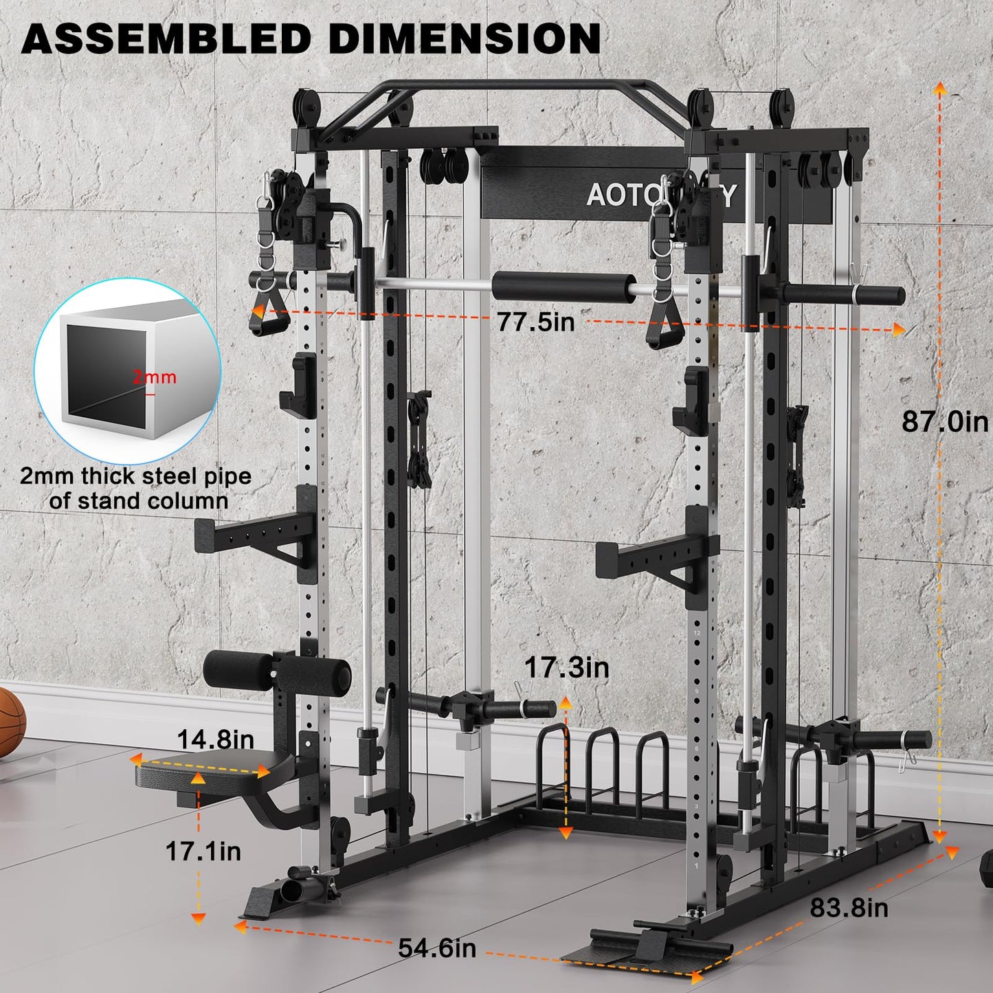 AOTORJAY Smith Machine Strength Training Squat Rack with Smith Bar, Power Cage with LAT Pull-Down Systems, Cable Crossover Machine for Home Gym and More Training Attachment (Smith Machine)