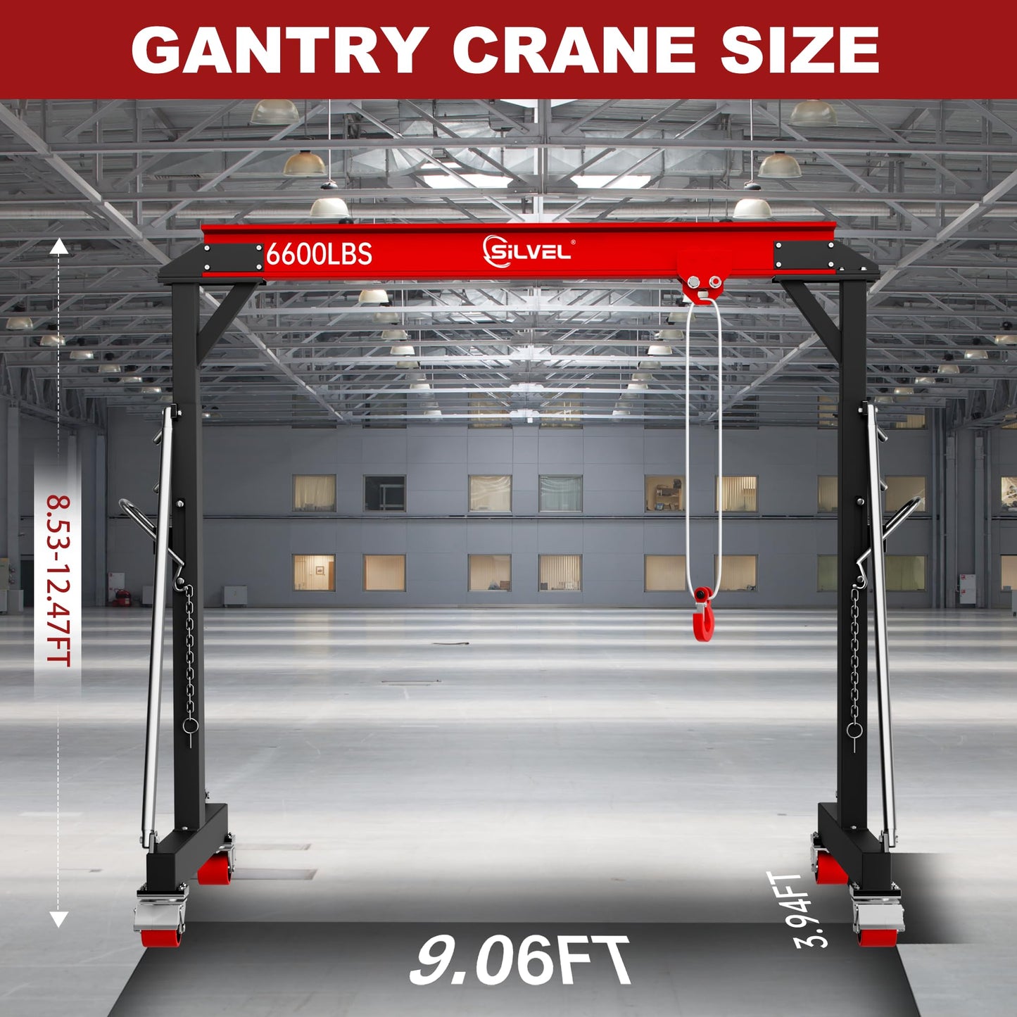 SILVEL 3 Ton 6600Lbs Gantry Crane, 8.53FT Maximum Capacity Width, 8.53-12.47FT Adjustable Height, Portable Shop Lift Hoist with 3 Ton Manual Trolley for Factories, Warehouses, Garage, Red