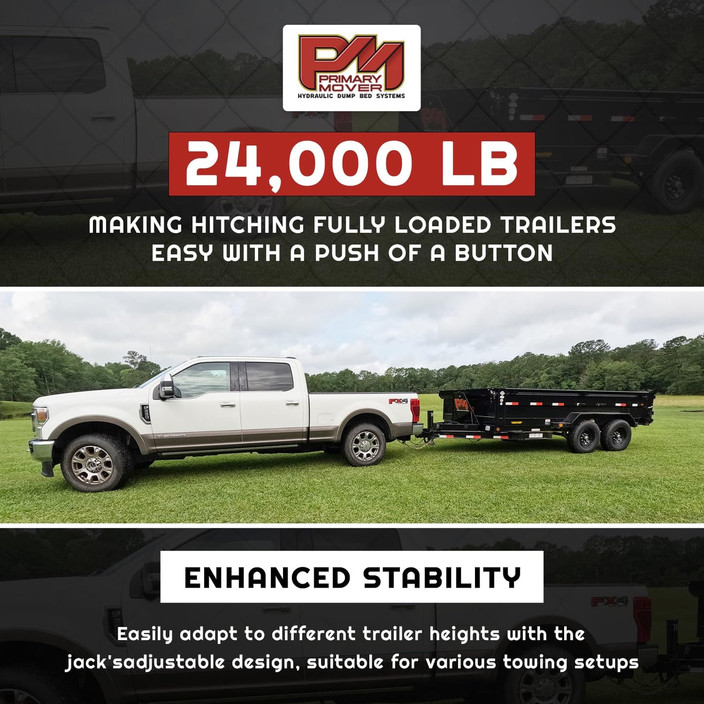 Primary Mover Hydraulic Trailer Jack (24,000 lb) - Power Jack 12K x 2 Double Acting, Lift Trailer Jack Stand & Hydraulic Jack Bracket kit with Hydraulic Power Unit (24k Jack Bolt On) PFJ-2-MB-ADS-K