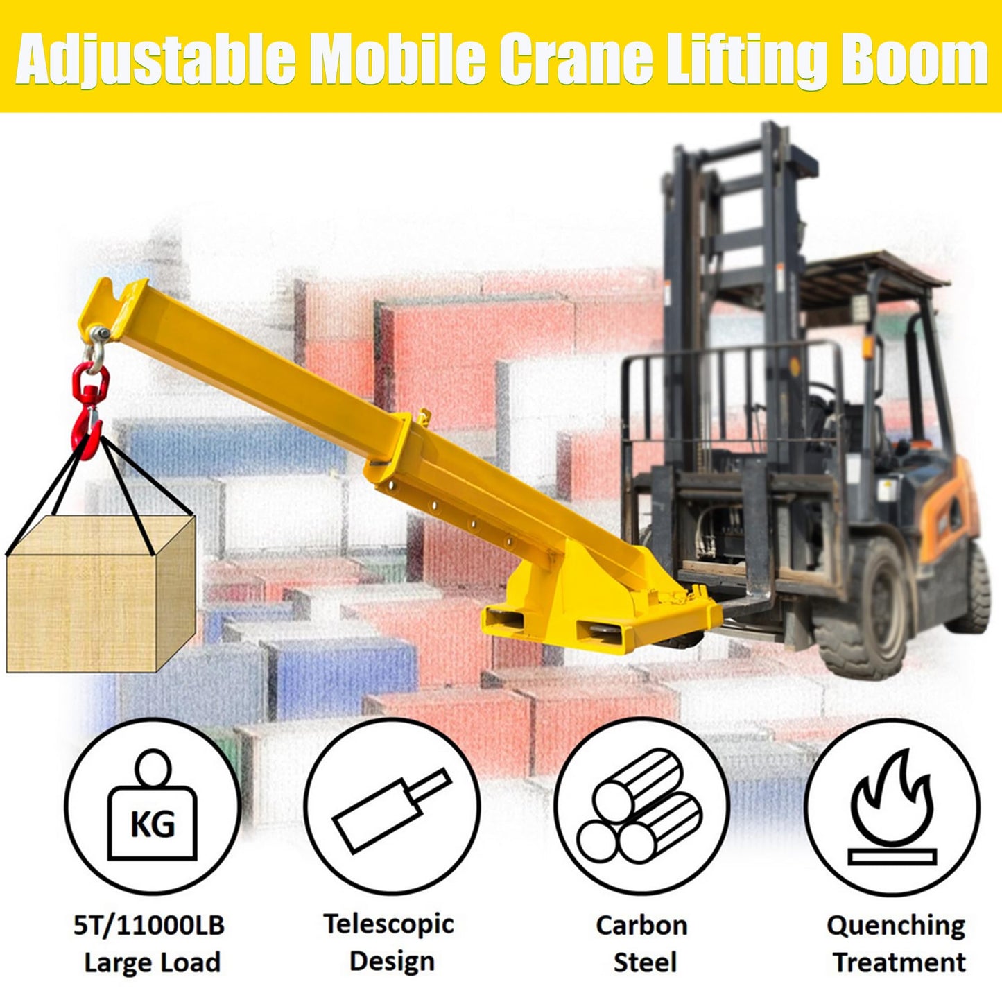 HQHAOTWU Forklift Jib Boom Crane 11000lbs Capacity Telescoping Mobile Crane Industrial Adjustable Forklift Lifting Hoist Truss Jib Boom Hook Manual Telescopic 63in-96.5in for Warehouse & Factories