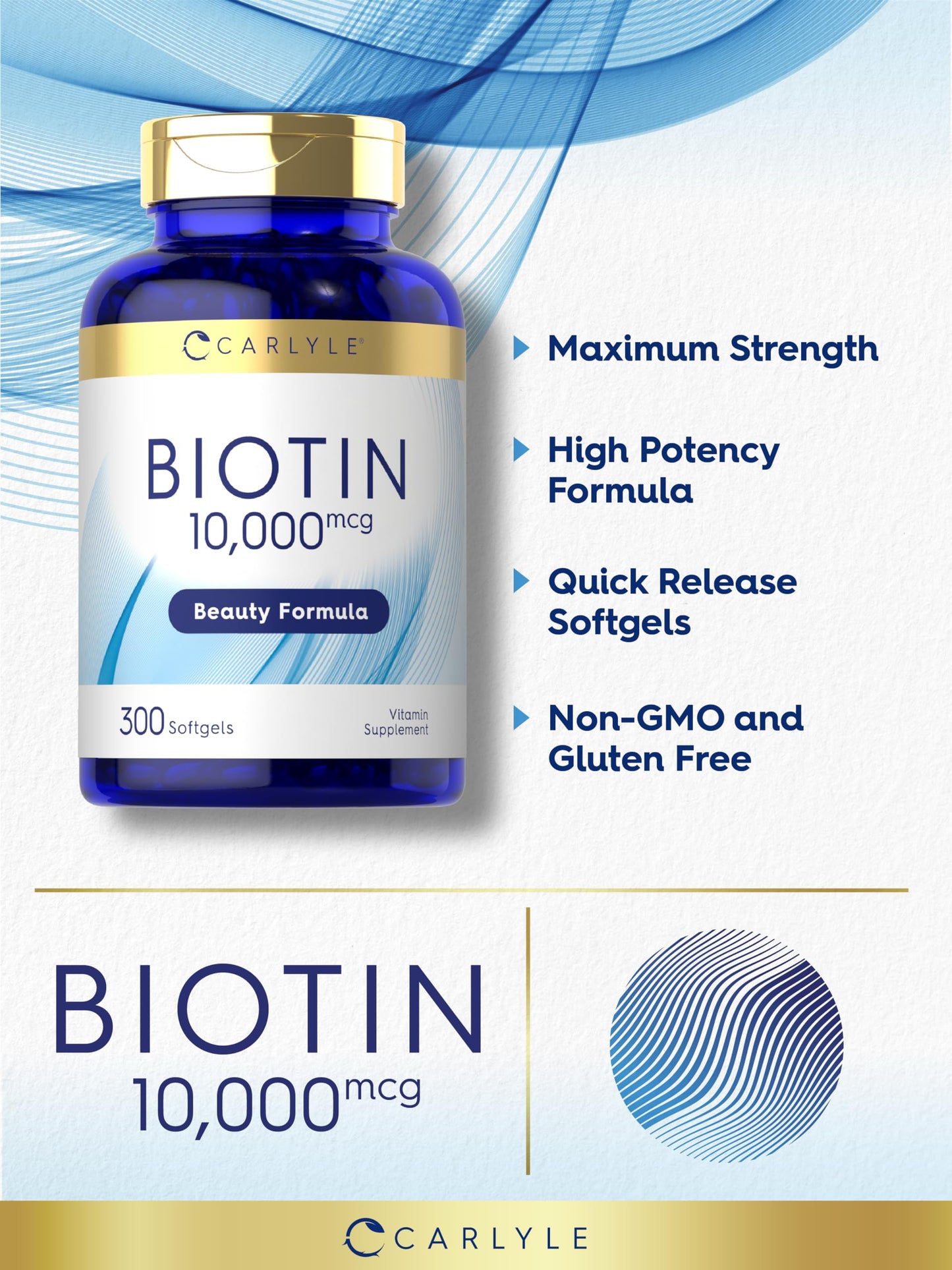 Carlyle Biotin 10000mcg | 300 Softgels | Max Strength for Hair, Skin, and Nails | Non-GMO, Gluten Free Supplement