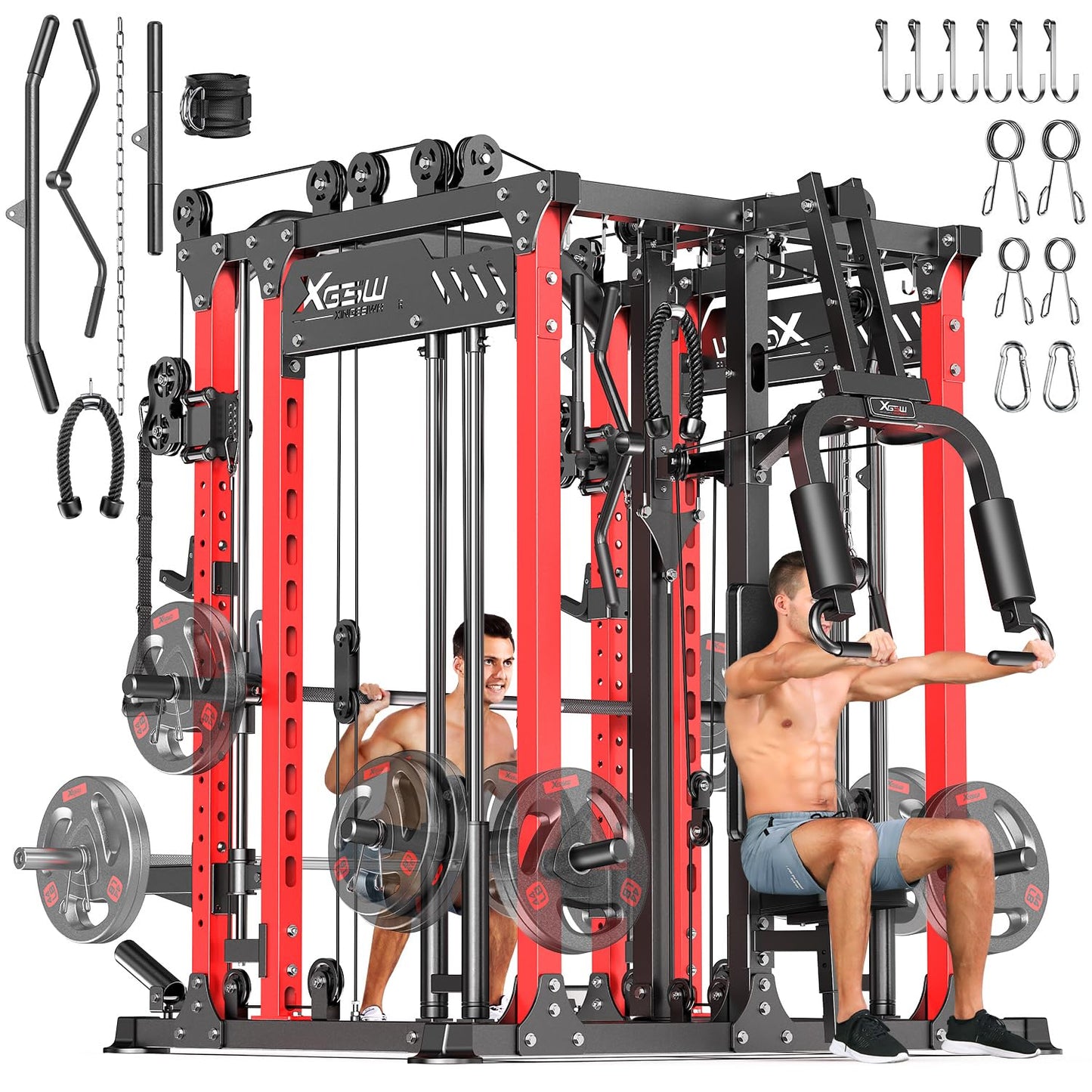Power Cage and Packages，Smith Machine Weight Stack Set with Cable Crossover System, Multi-Function Squat Rack Power Rack for Home Gym (L06, Red-Power Cage)