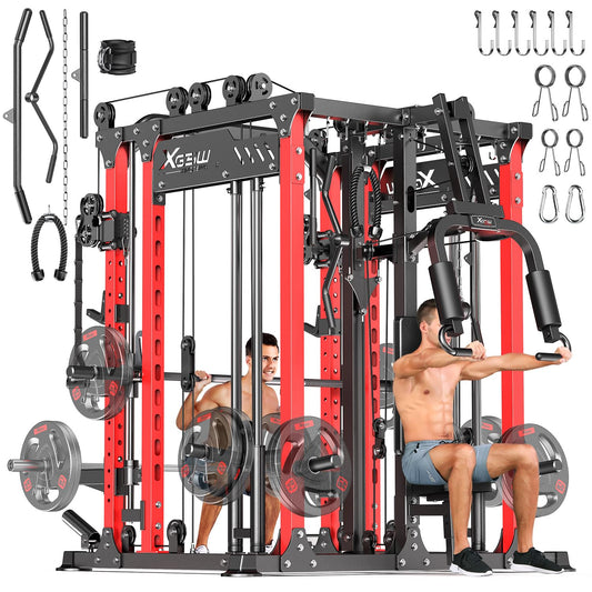 Power Cage and Packages，Smith Machine Weight Stack Set with Cable Crossover System, Multi-Function Squat Rack Power Rack for Home Gym (L06, Red-Power Cage)