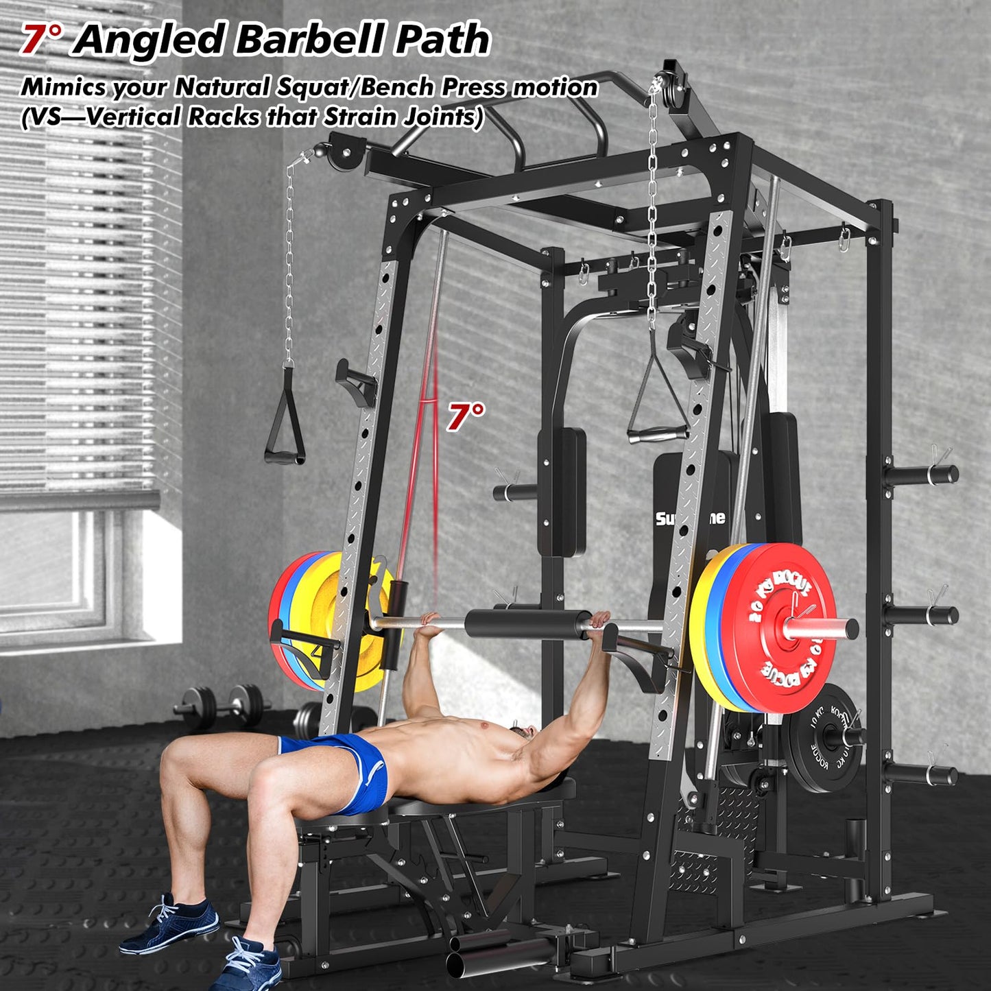 SunHome Smith Machine with Bench and 230LBS BP, 2000LBS Power Cage Squat Rack with Smith Bar, Two LAT Pull-Down Systems, Cable Crossover Machine and and More Cable Attachment for Home Gym
