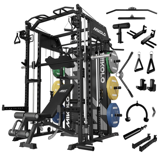 Mikolo Smith Machine with Weight Stack, Power Cage Home Gym System with LAT Pulldown & Cable Crossover, Multi-Functional Trainer with Dual Pulley System, Color Plate 230lbs