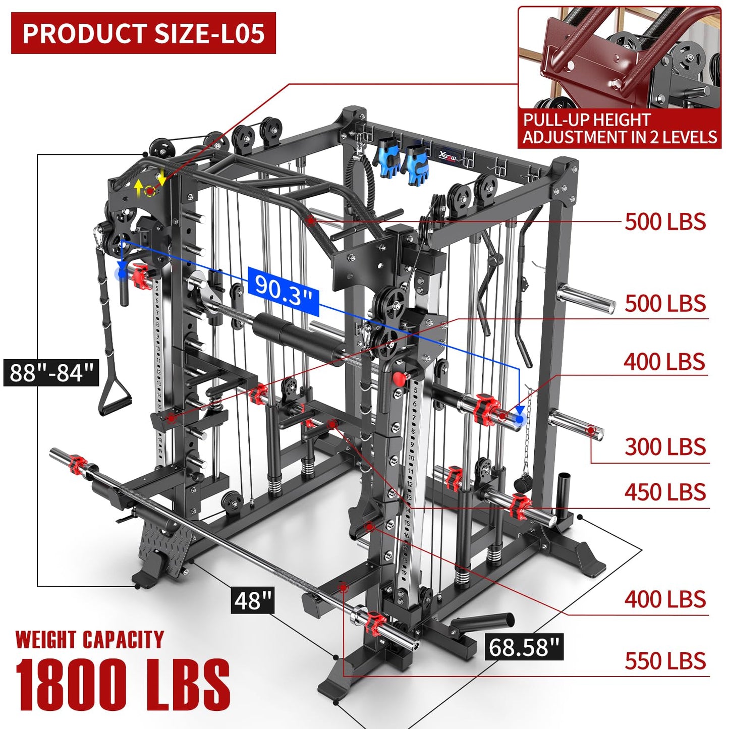 XGSW XINGESIWR Multi-Purpose Squat Rack,Smith Machine Weight Rack Set with Cable Crossover System, Home Gym Power Racks, Power Racks and Packages (L05, Power cage Black+Bench+(Pole+Cast lron) 338LBS)