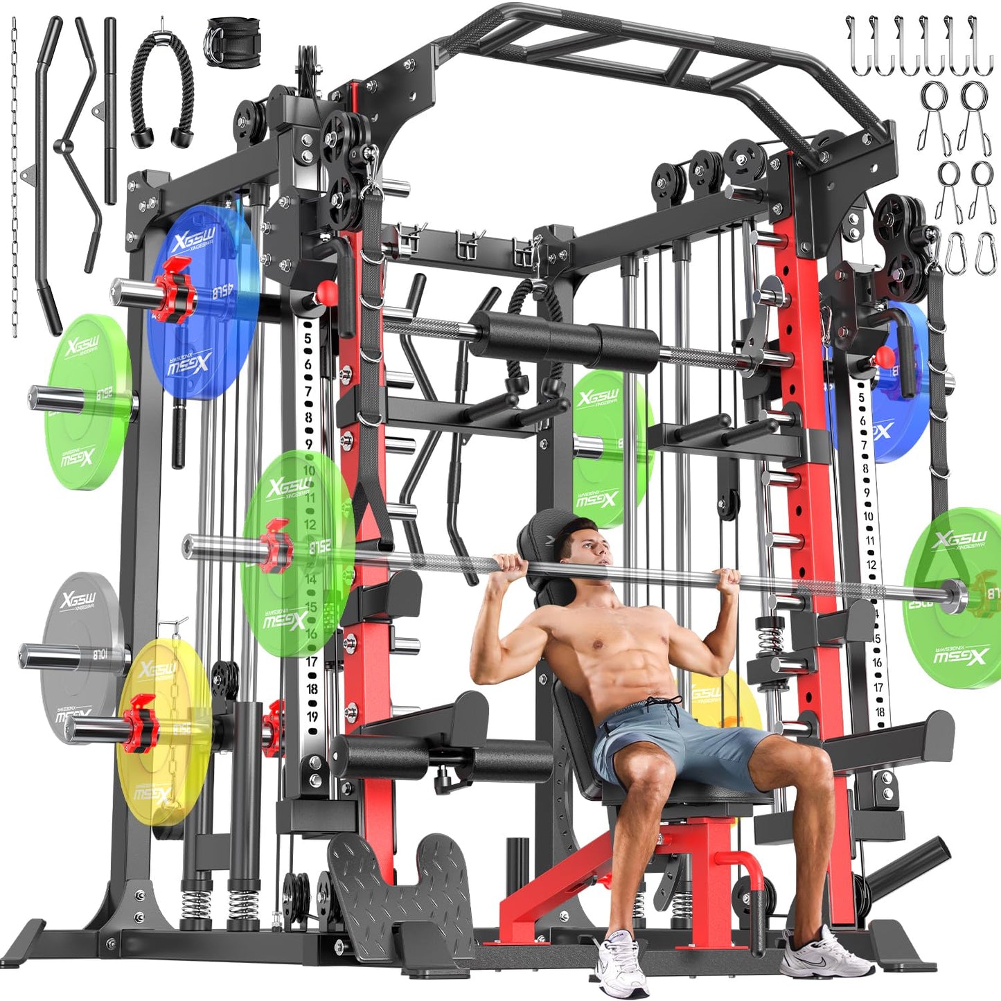 Smith Machine with Cable Crossover System, Multi-Function Squat Rack Power Cage for Home Gym, Power Rack and Packages (Red, L05-Smith Machine+Weight Bench)