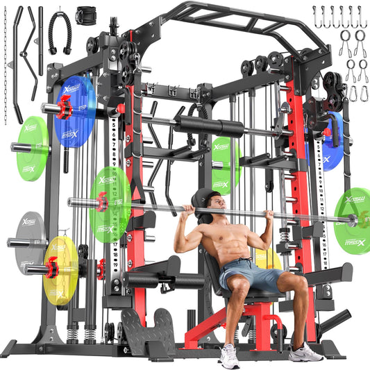 Smith Machine with Cable Crossover System, Multi-Function Squat Rack Power Cage for Home Gym, Power Rack and Packages (Red, L05-Smith Machine+Weight Bench)