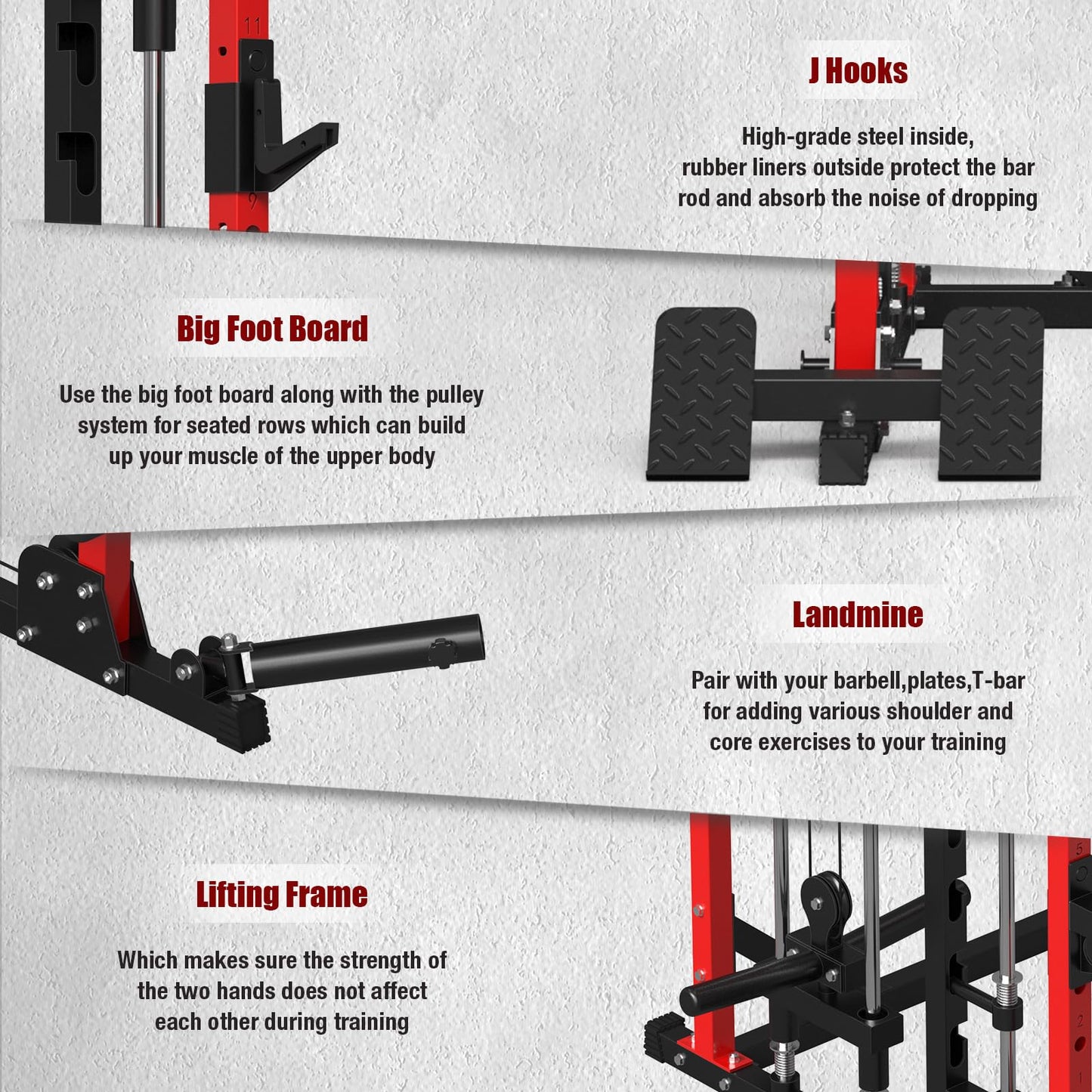 ONNO Smith Machine, 2200lbs Squat Rack with LAT-Pull Down & Cable Crossover System, Multi-Function Power Cage for Home Gym with Leg Hold-Down Attachment, Red