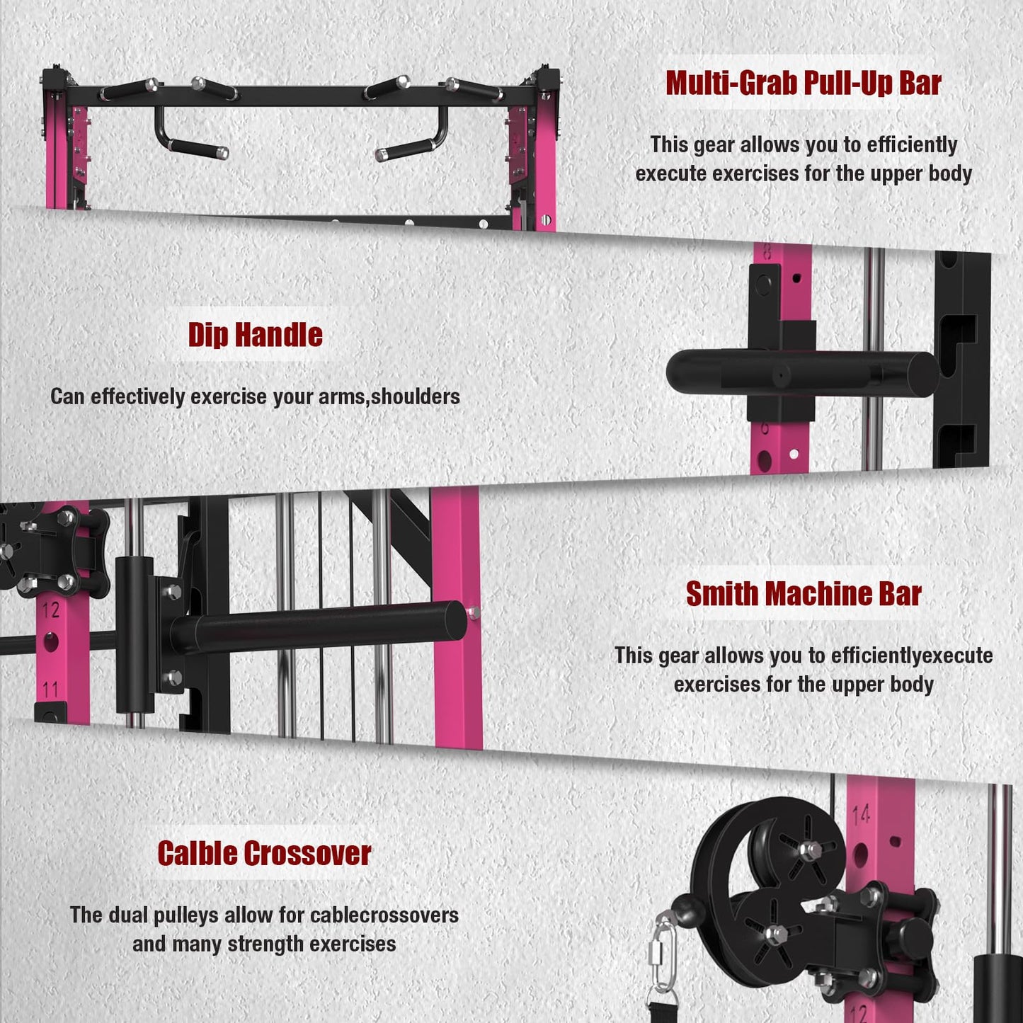 ONNO Smith Machine, 2200lbs Squat Rack with LAT-Pull Down & Cable Crossover System, Multi-Function Power Cage for Home Gym with Leg Hold-Down Attachment Pink