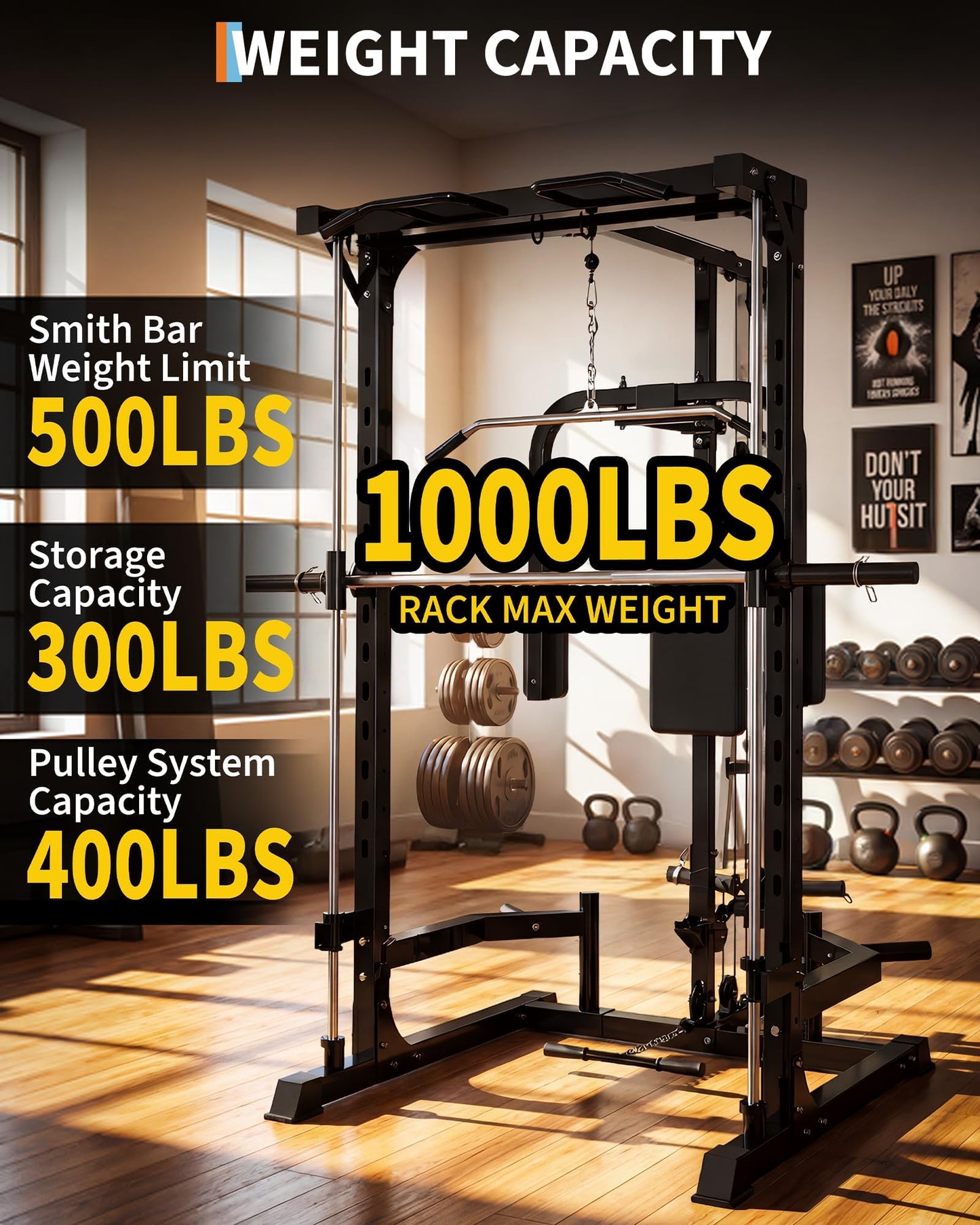 Multi-Functional Smith Machine Power Cage Squat Rack – Heavy Duty Home Gym Equipment – Includes LAT Pulldown, Low Row, Pull-Ups & Bench Press