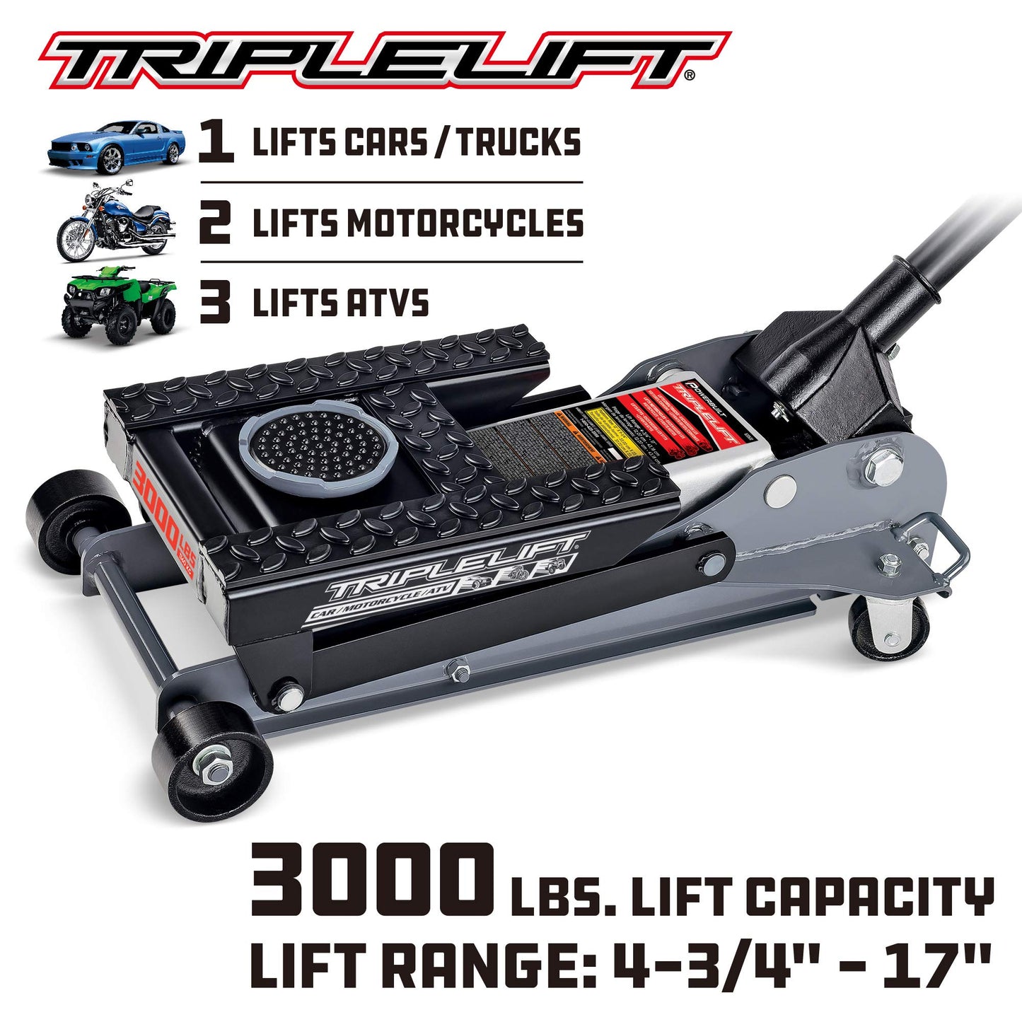 Powerbuilt 3000 Pound Triple Lift Garage Jack, Heavy Duty Vehicle, Truck, Car, Motorcycle, Transmission Lift, 1.5 Ton Capacity, 620622