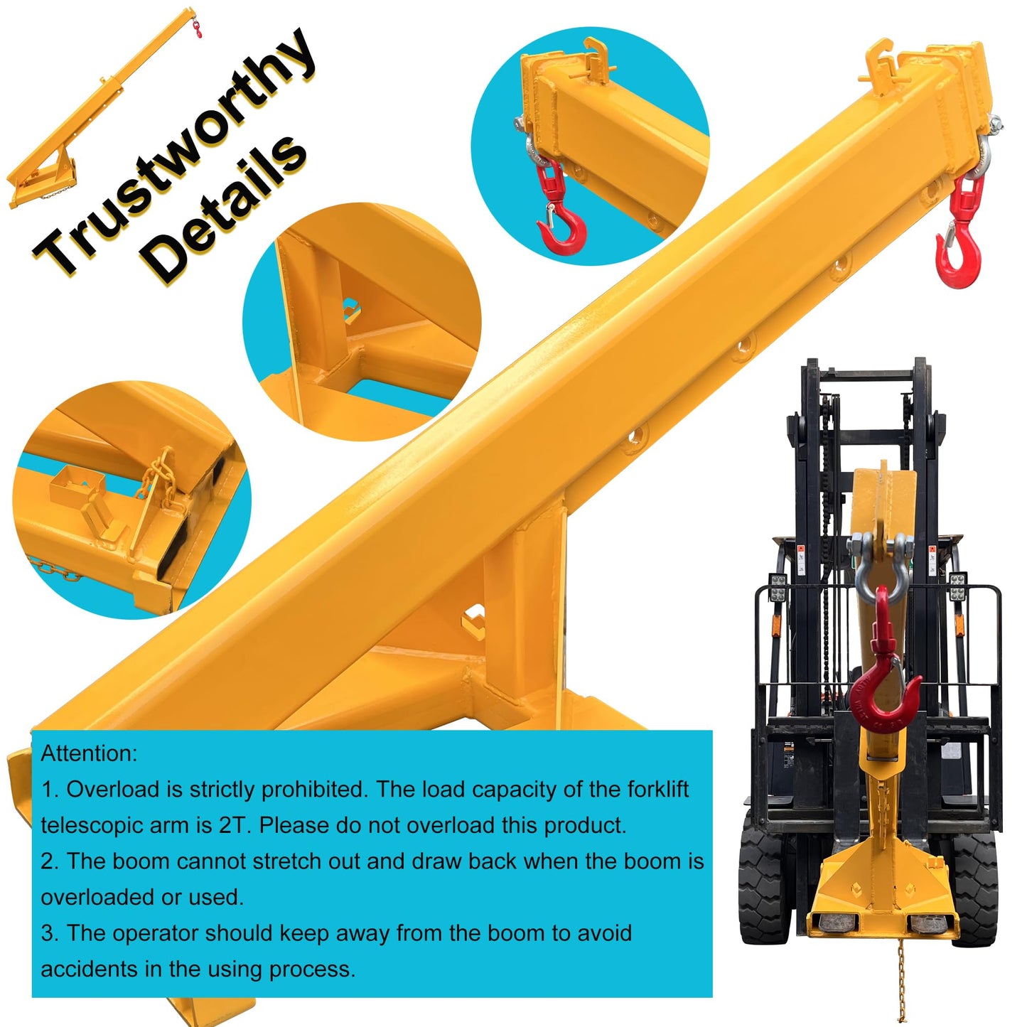 HayWHNKN Forklift Jib Boom Forklift Mobile Crane, 2T / 4400LB Telescopic Crane Attachment with Hook, Adjustable 63"-98" Mobile Lifting Hoist Towing Handling for Warehouse & Construction Material