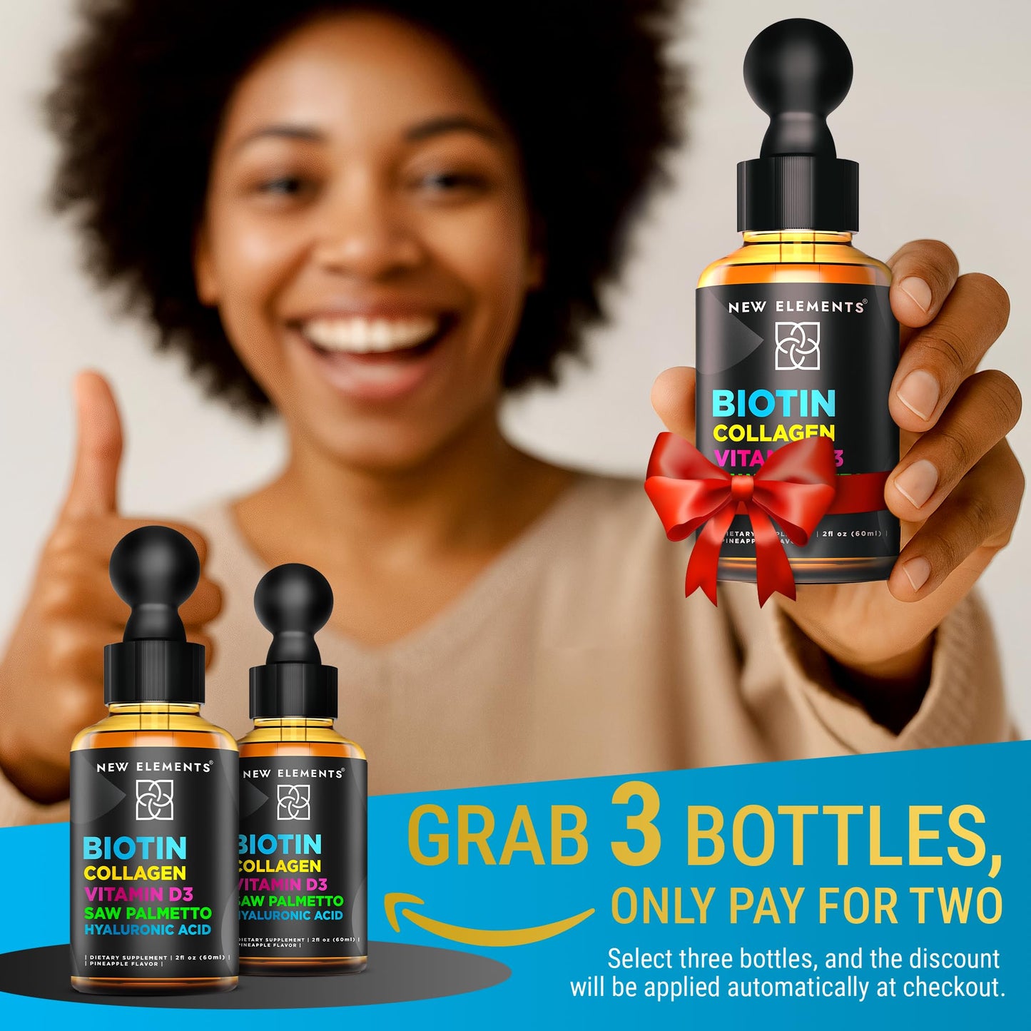 Liquid Biotin for Hair Growth Women & Men 10000mcg | Biotin and Collagen Supplements with Saw Palmetto & Hyaluronic Acid | Biotin Drops for Hair Growth with Vitamin D3 for Hair Skin and Nails