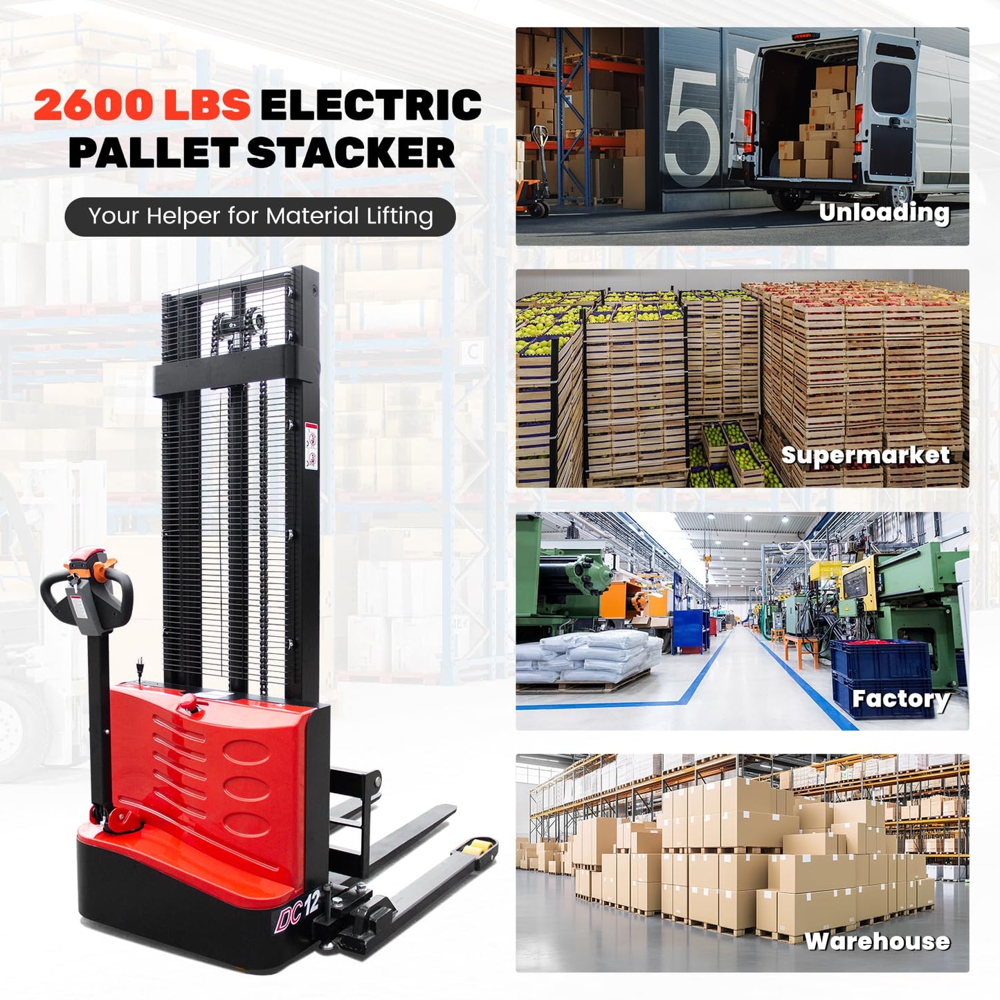 HPDMC Full Electric Pallet Stacker 118" Lifting Height Wakie Stacker Straddle Legs Material Lift with Adjustable Forks