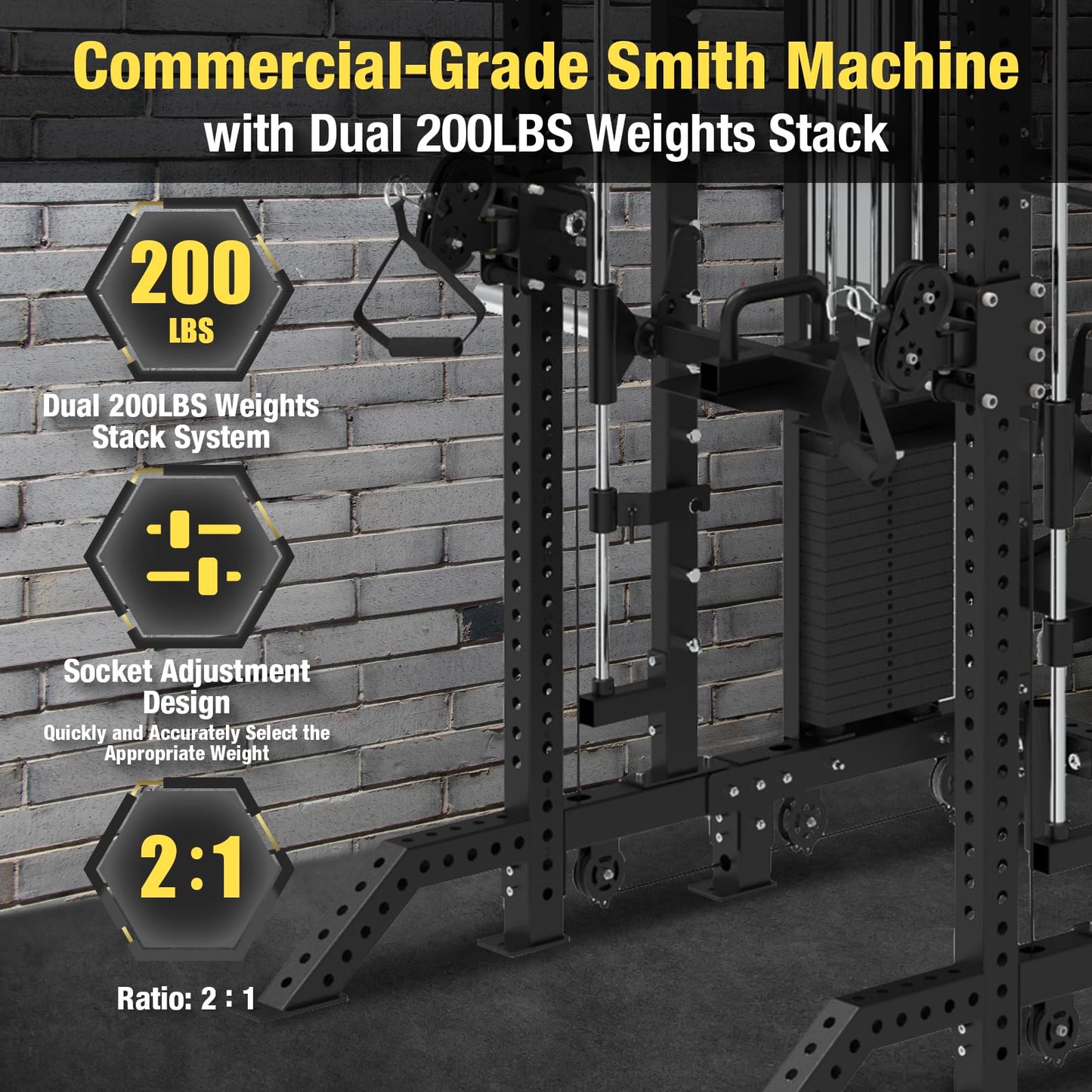 Commercial Cable Crossover Exercise Machine All in One Functional Trainer Cable Machine with 400LBS Weight Stacks Power Cage with Pulley System Compact Smith Machine for Home Gyms (W/Storage Rack)