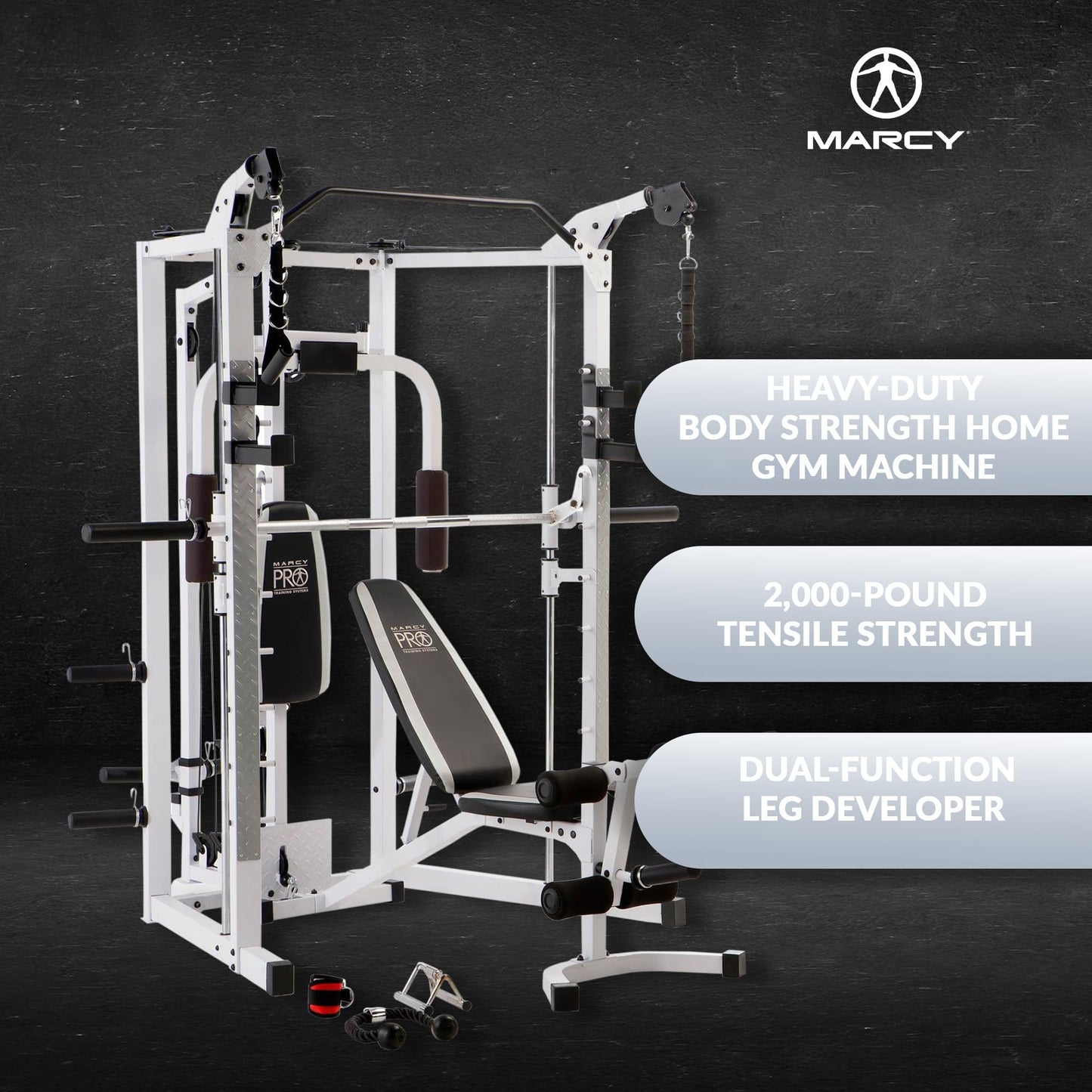 Marcy Combo Smith Cage Machine Full Body Training Home Gym System with Leg Developer, Padded Workout Bench, and Strength Training Weight Bar, White