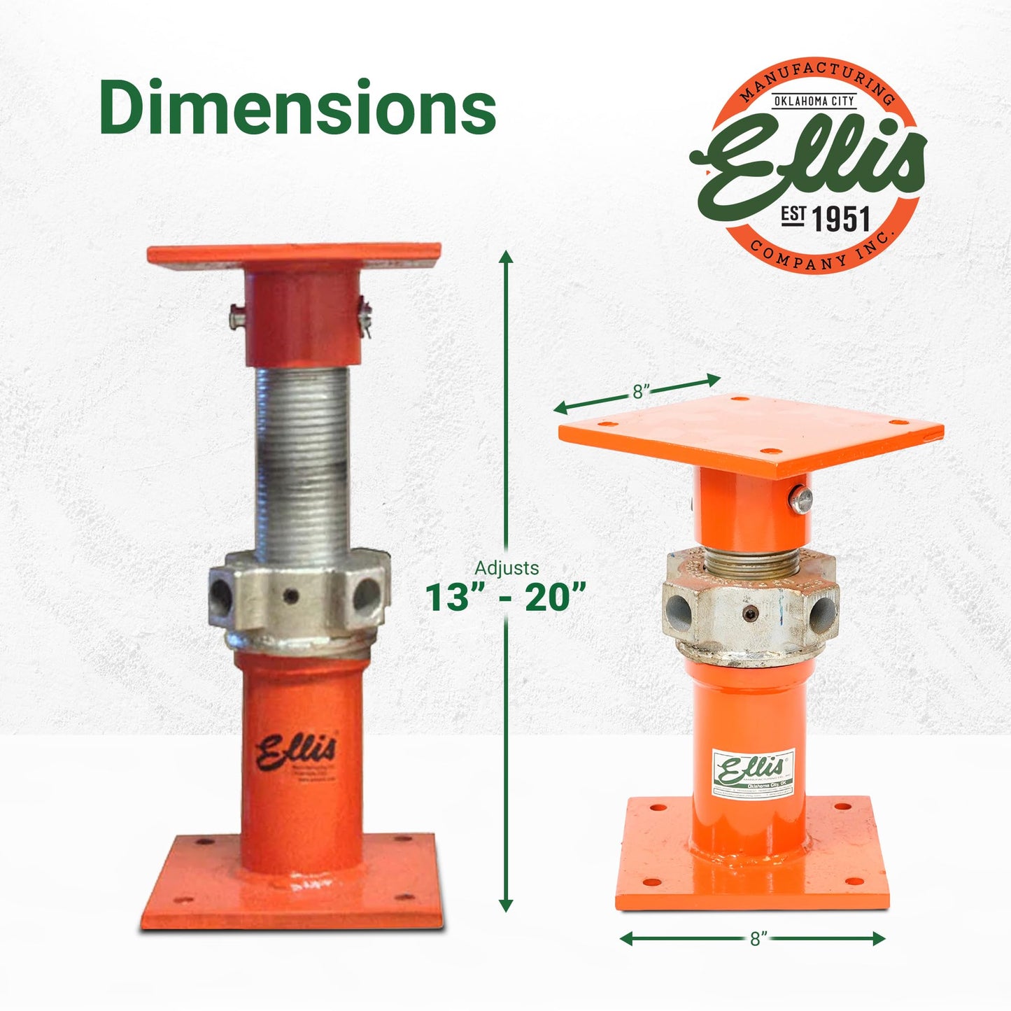 ELLIS Heavy-Duty Adjustable Steel Shore – House Jack for Permanent or Temporary Foundation Support, Beams, and Structural Repair – 52,000 lb Safe Load Capacity – 13"-20" Adjustment