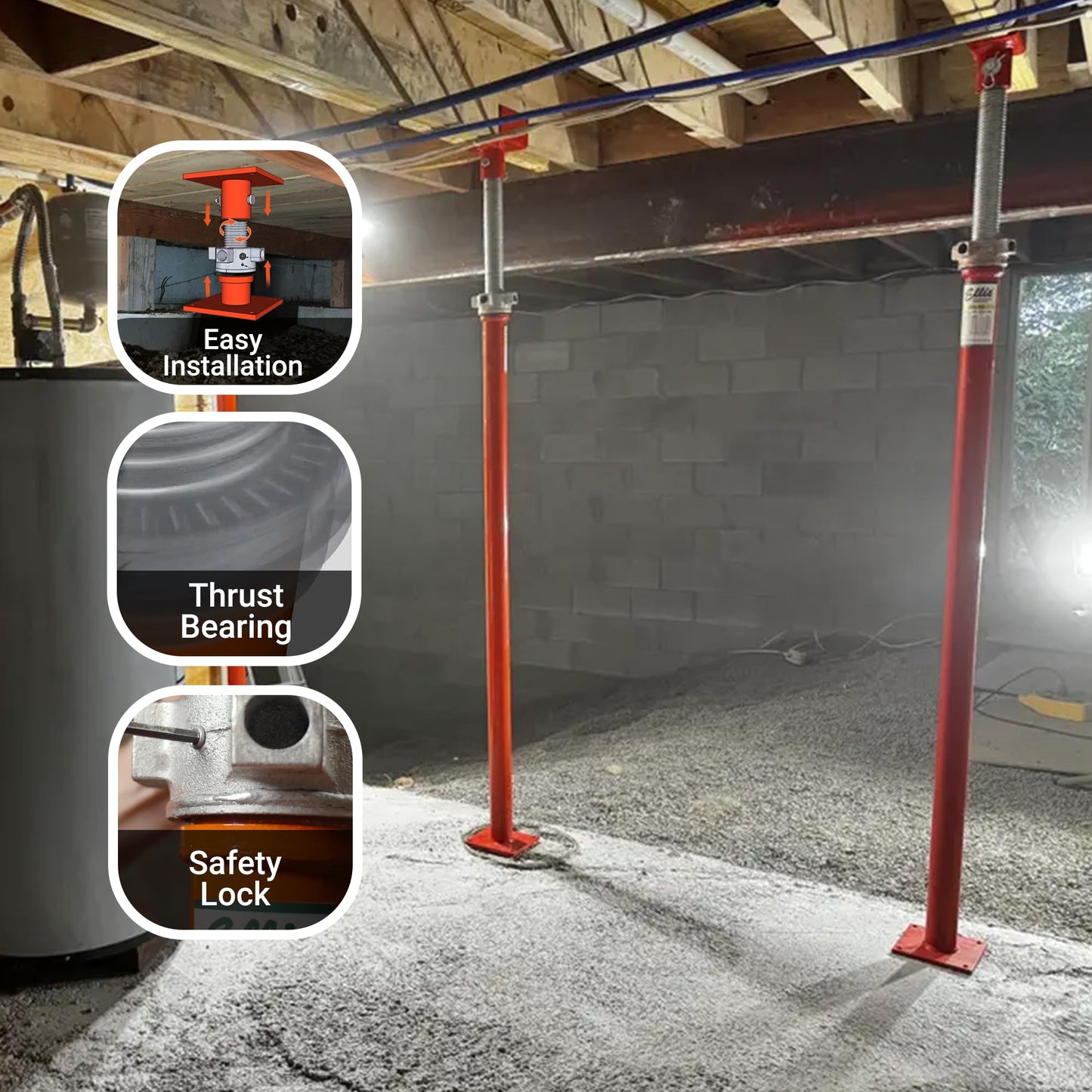 ELLIS Heavy-Duty Adjustable Steel Shore – Basement Post for Foundation, Beams, and Structural Floor Leveling – 30,000 lb Safe Load Capacity – 79"-104" Adjustment