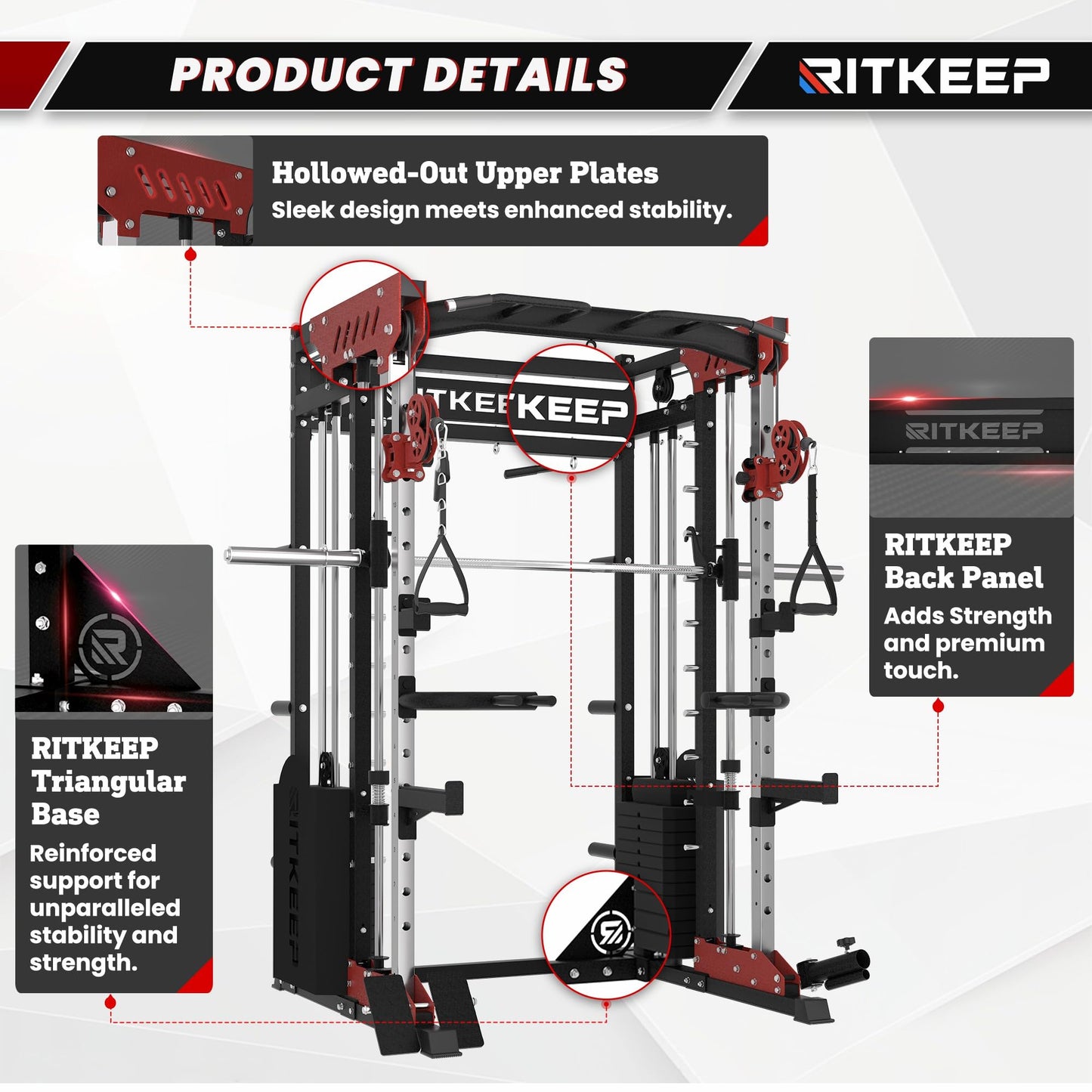RitKeep PMAX-5600 Heavy-Duty Smith Machine Squat Rack with 320 LB Weight Stacks, 6-in-1 Multi-Function Home Gym System, Dual Cable Crossover and 2000 LB Capacity for Full-Body Strength Training