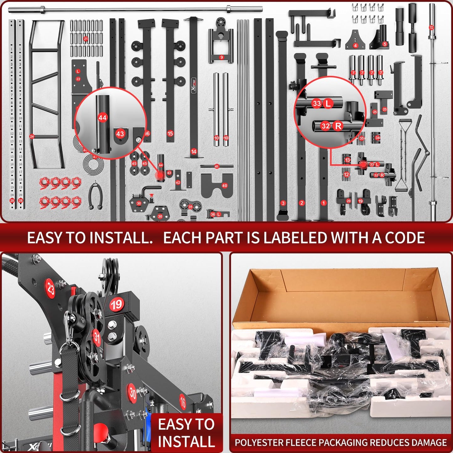 Smith Machine，Multi-Function Squat Rack Power Cage with Cable Crossover System,with Optional Weight Bench, Olympic Barbell Weight Set, for Home Gym (red, L05-Package(（Pole+Color BP） 403LBS)