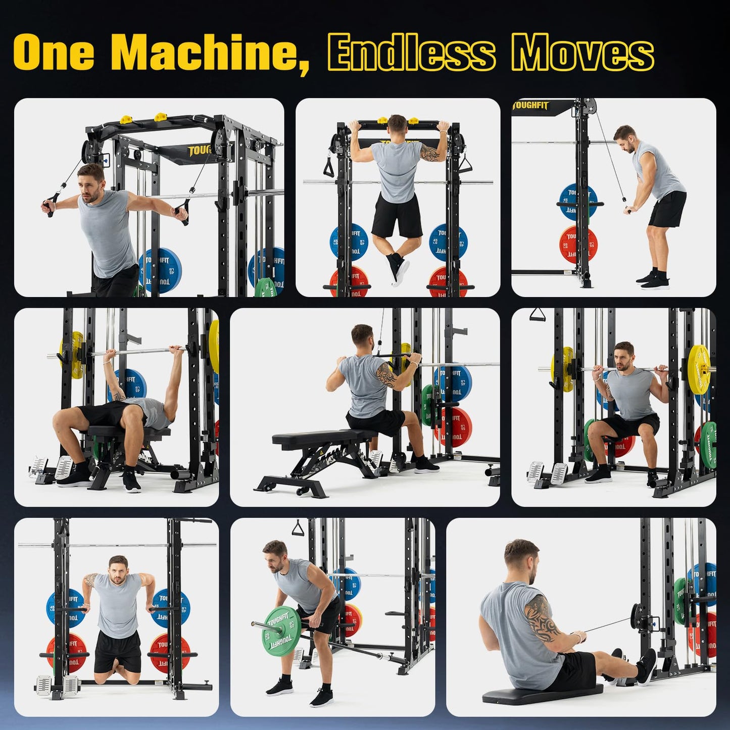 ToughFit F4 Smith Machine, Power cage with Adjustable Cable Crossover System, All-in-One Squat Rack Training Equipment for Home Gym