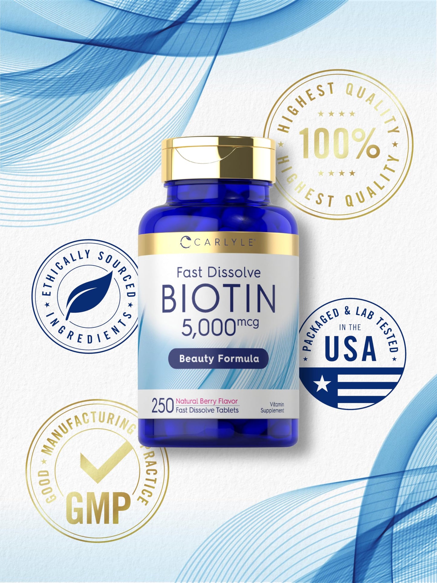 Carlyle Biotin 5000mcg | 250 Fast Dissolve Tablets | Supplement for Men and Women | Vegetarian, Non-GMO, Gluten Free