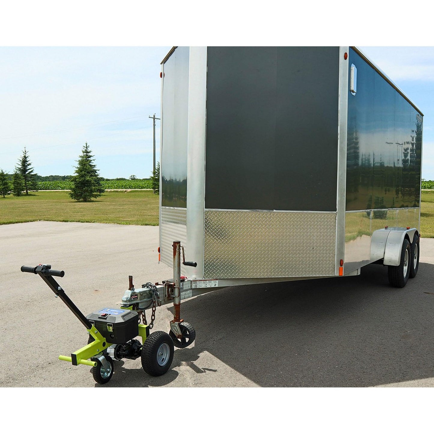 Tow Tuff Electric Trailer Dolly w/ 13" Tires & 8" Swivel Caster Wheel, 3500 lb Capacity, Green - 22" to 28.35" Adjustable Ball Height, 1.5 Mph Speed, Fits 2" Ball Mount, Utility, Boat or Cargo Use